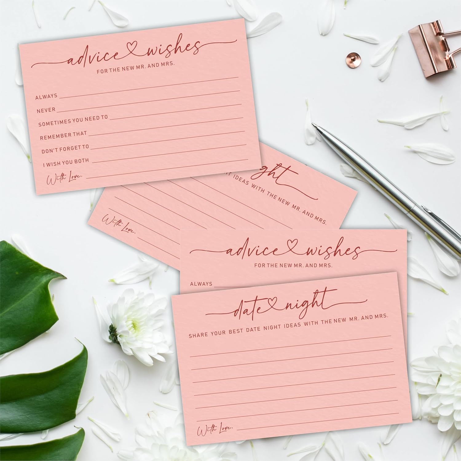 Wedding Advice Cards -Pack Of 30 Wishes For The New Mr & Mrs Wedding,Share Best Date Night Cards - Bride And Groom Newlyweds Bridal Shower Party Decoration,Games (Pink) - B04