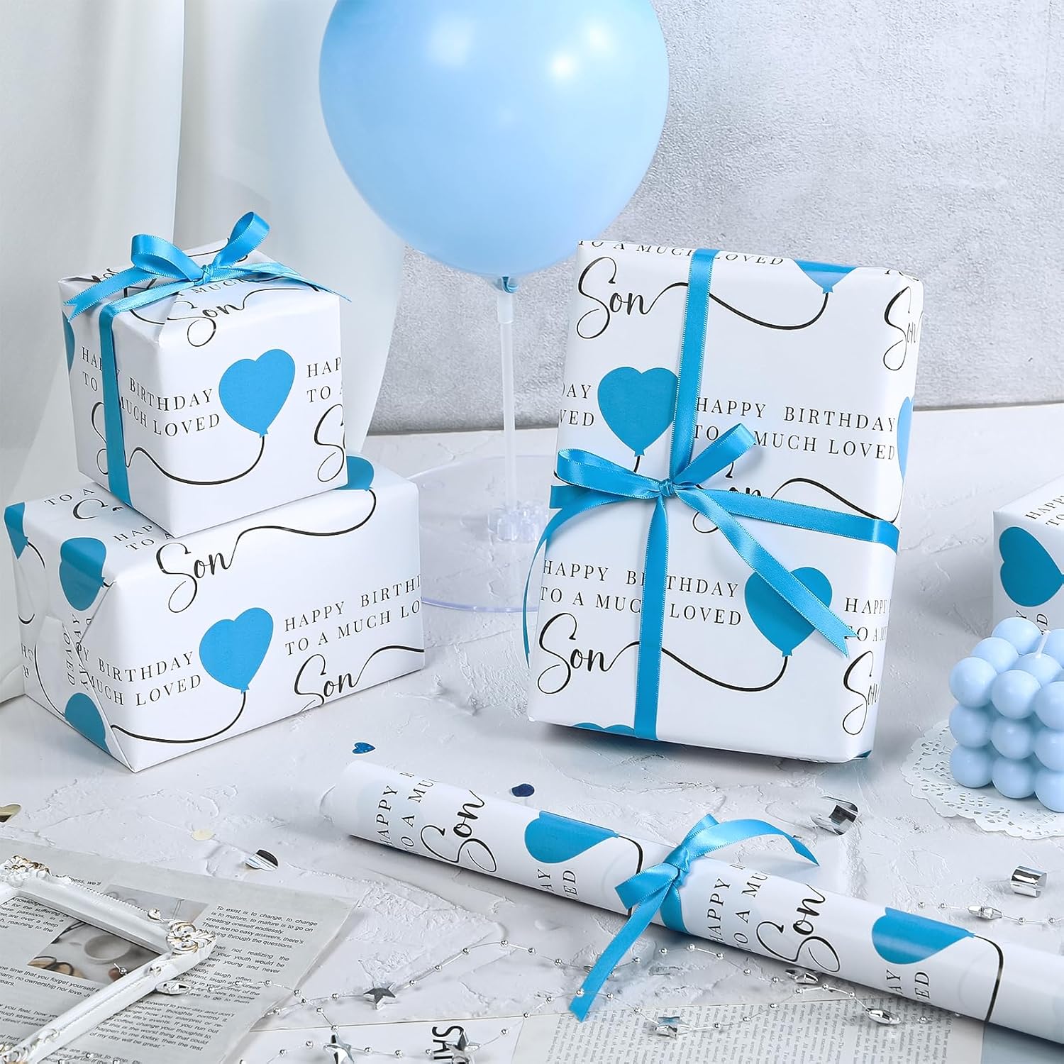 Birthday Wrapping Paper Roll For Son - Mini Roll - 17 Inch X 16.5 Feet - Happy Birthday To Son Lettering With Blue Love Balloon Design