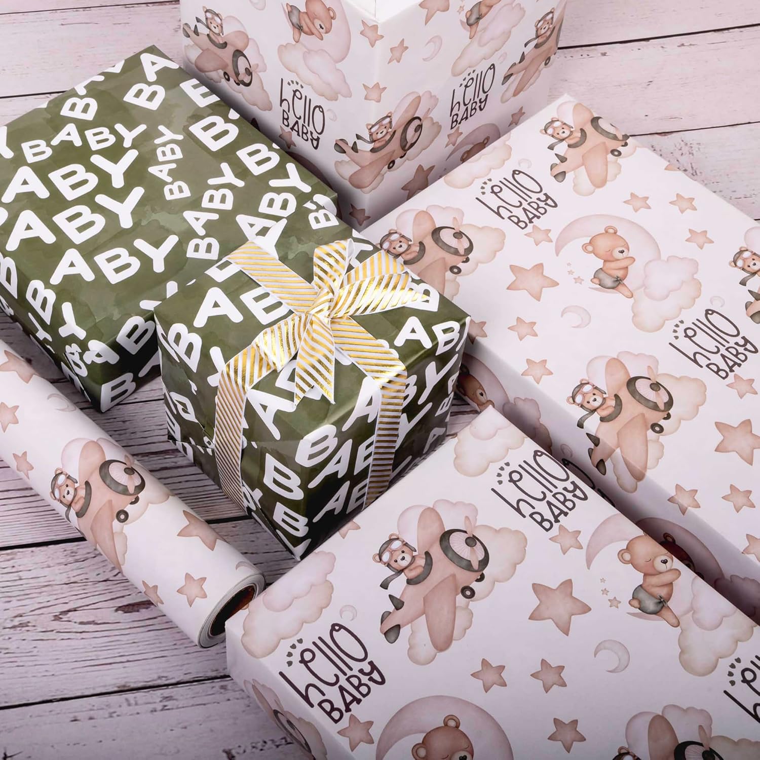Reverible Baby Shower Wrapping Paper Roll Baby Gift Wrap Sheets With Green Brown Bear Airplane And Baby Words Pattern For Girls Boys Wedding Neutral Baby Shower Birthday Party - Total 28.5Sq.Ft