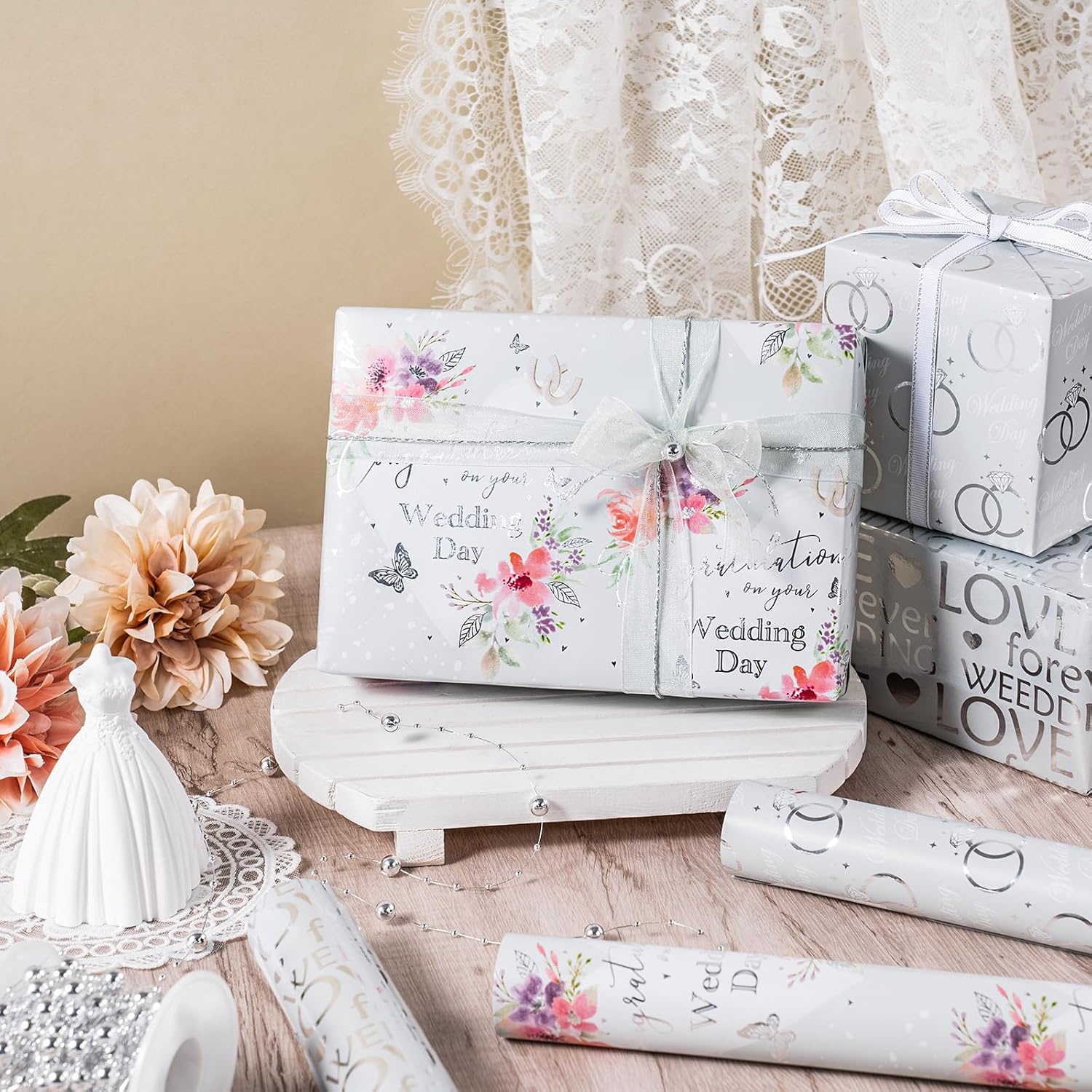 Wedding Wrapping Paper Roll - Mini Roll - 3 Rolls - 17 Inch X 120 Inch Per Roll - Silver Foil Diamond Ring And Floral Design For Celebration, Party, Holiday