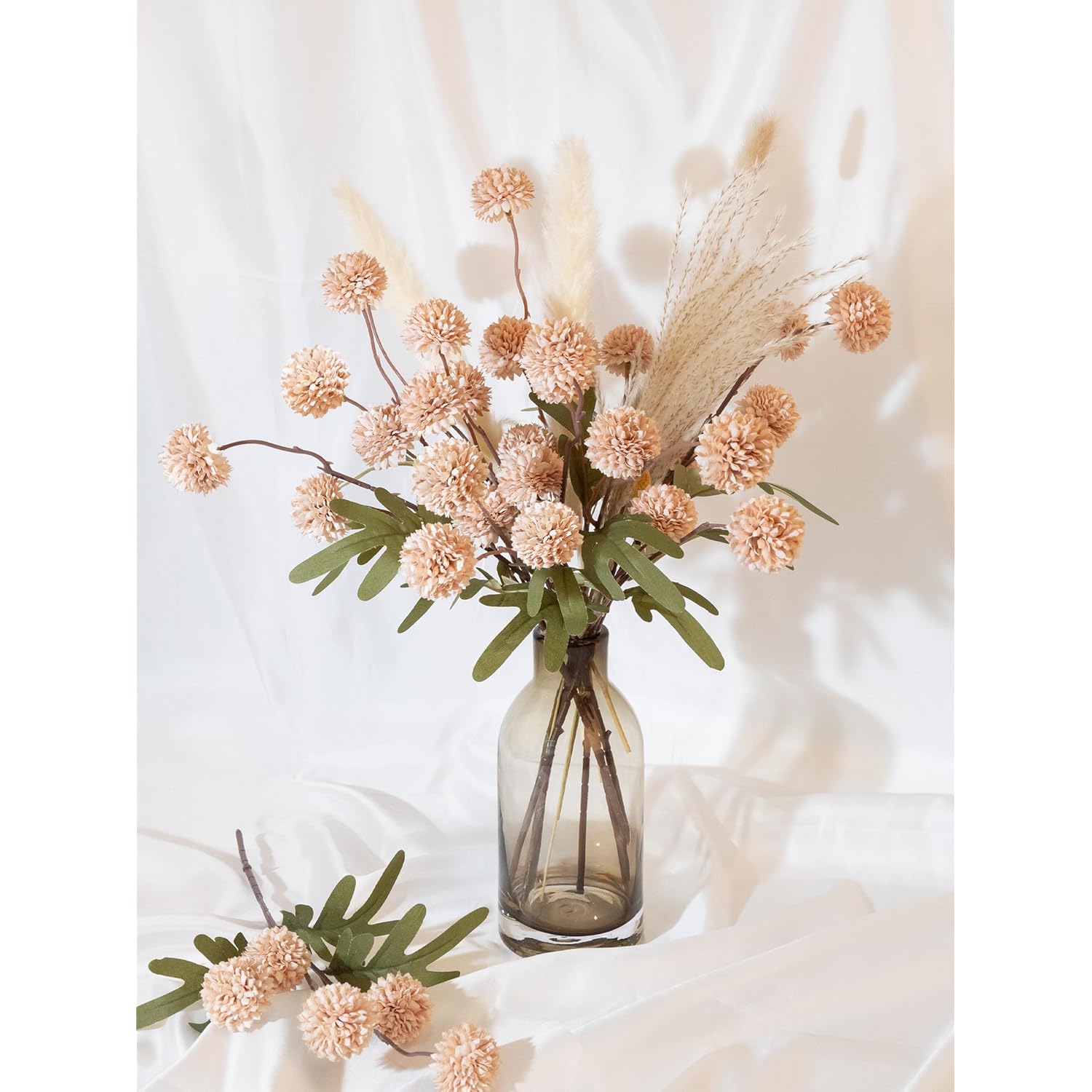 6Pcs Warm Beige Faux Silk Mums Artificial Flowers, Bulk Fake Mini Chrysanthemums With Stems For Diy Bouquet Centerpieces Wedding Decor, Beige Neutral Floral Arrangements, Pom Pom Kiku Flower