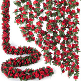 3 Pcs 8Ft Flower Garland Artificial Flowers For Outdoors Fake Rose Vine Ivy Silk Flowers For Decoration/Anniversary/Wedding Birthday/Christmas/Home Decor/Garden Decor (Red)