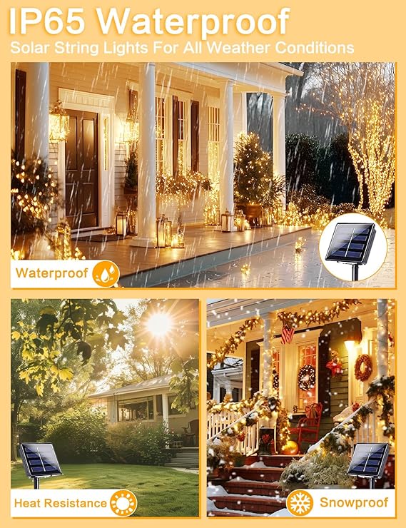 2 Pack Solar String Lights Outdoor 80FT 200 LED Warm White Copper Wire Fairy Lights Waterproof with 8 Modes for Garden Tree Patio Wedding Christmas Decor