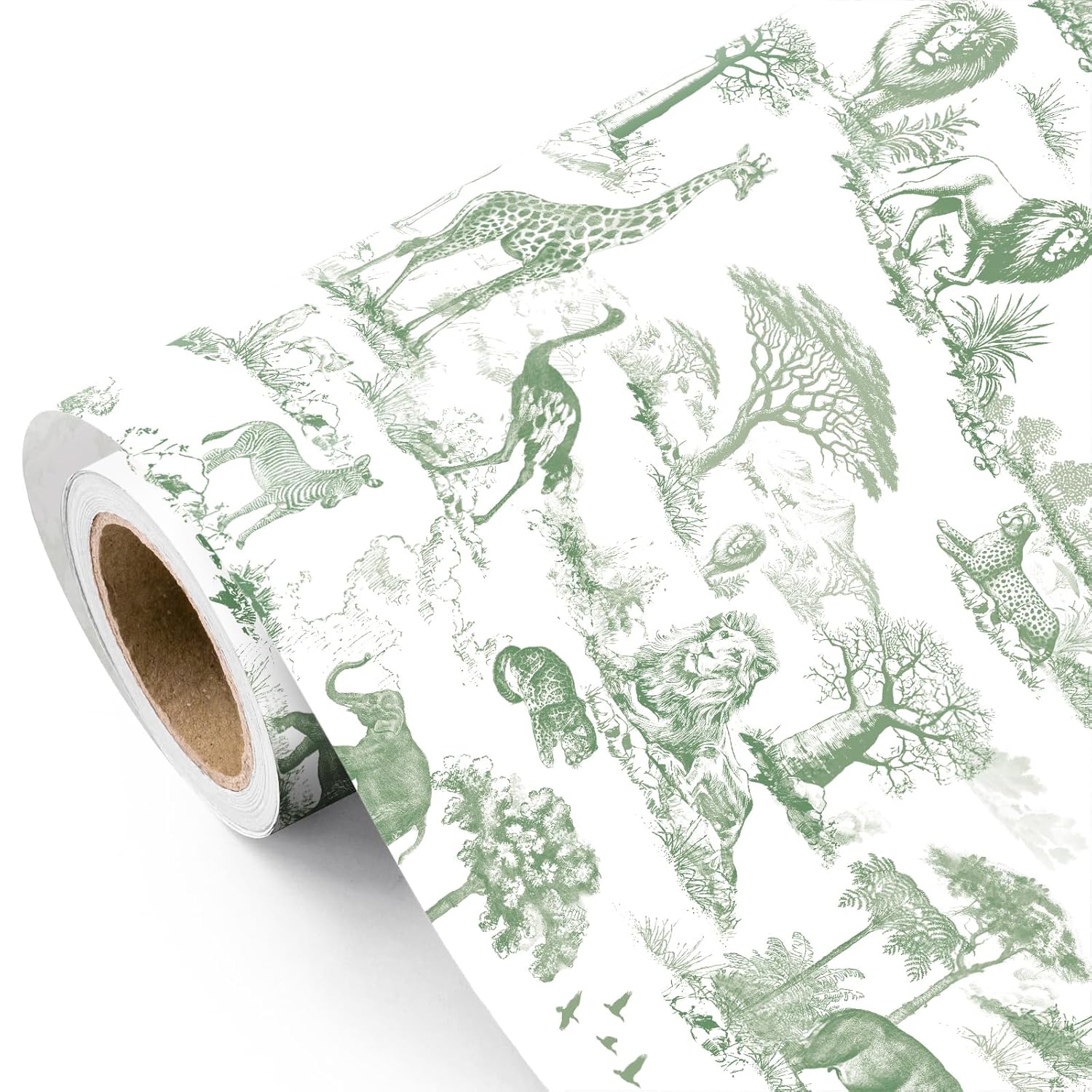 Green Toile Safari Wrapping Paper - Mini Roll - 17 Inch X 16.5 Feet - Green Jungle Animal Baby Shower Wrapping Paper For Kids Birthday, Baby Shower