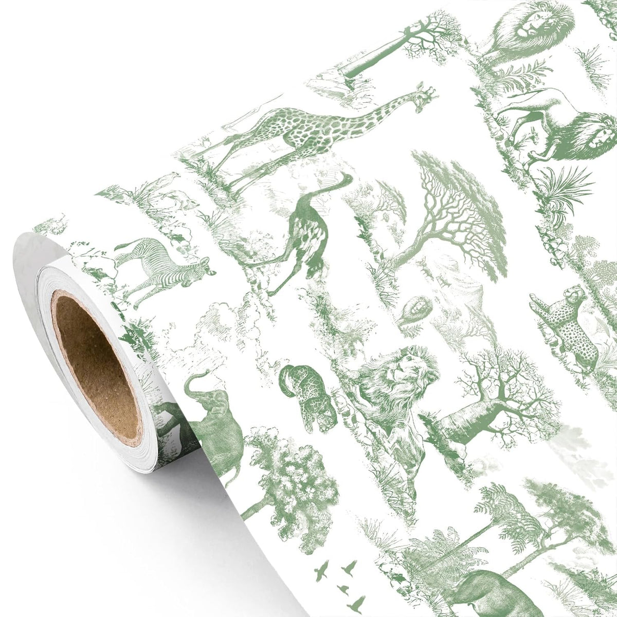 Green Toile Safari Wrapping Paper - Mini Roll - 17 Inch X 16.5 Feet - Green Jungle Animal Baby Shower Wrapping Paper For Kids Birthday, Baby Shower