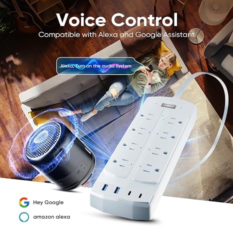 Smart Power Strip 6 Outlets 4 USB Ports 5FT Flat Plug Alexa Google Home
