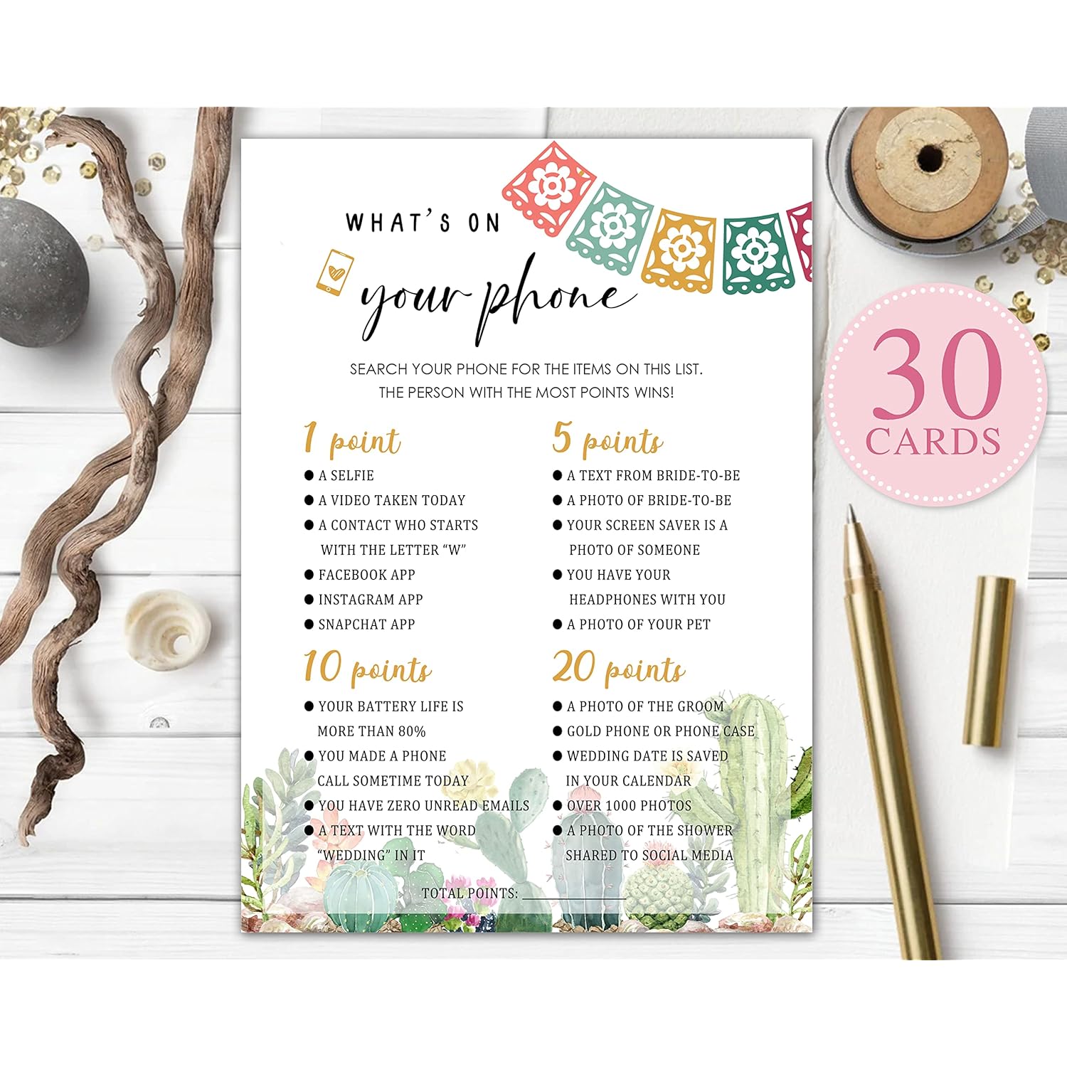 Bridal Shower Games, Fiesta Mexican Bridal Shower Decorations, What'S On Your Phone Cards For Bachelorette Party, Wedding Engagement Party, Set Of 30 Game Cards (A17)