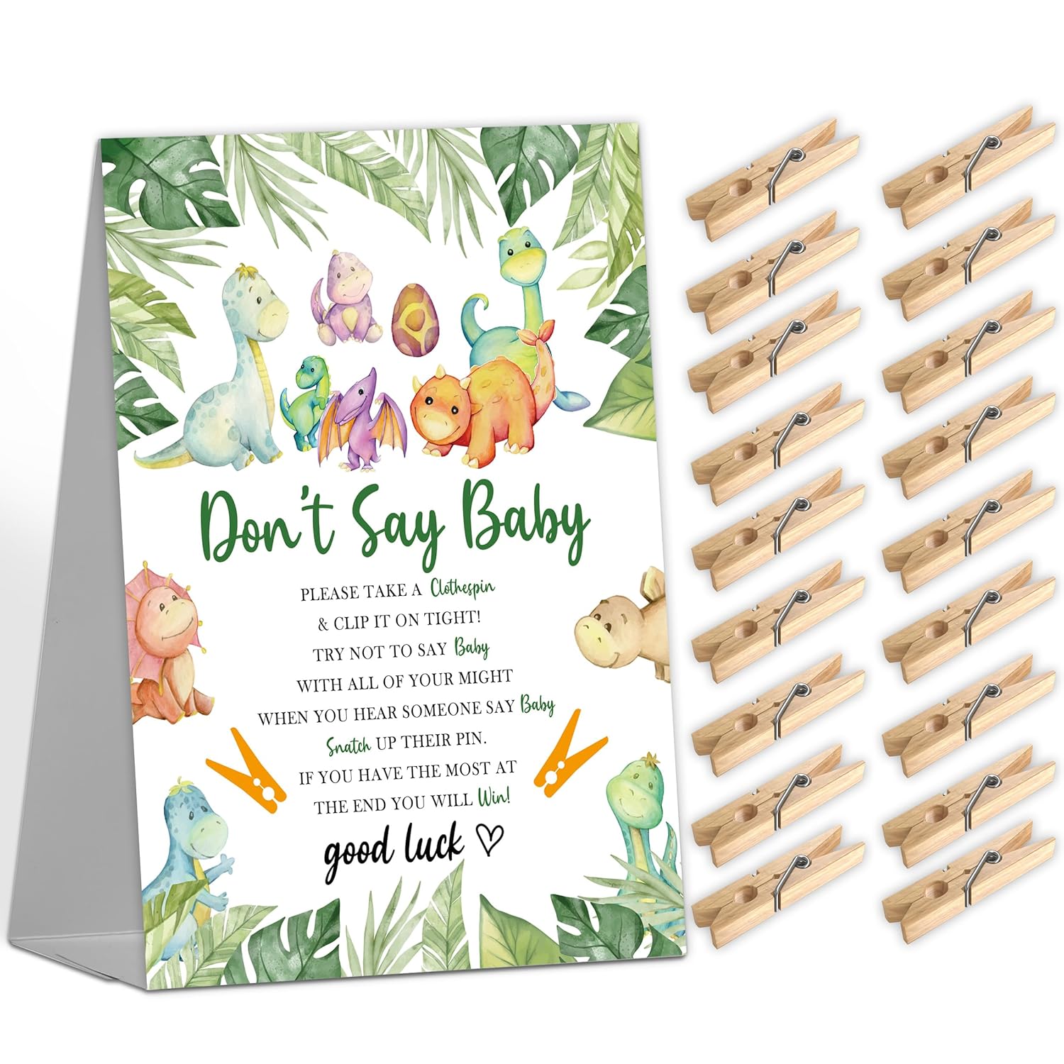 Mq-1-10: Jungle Dinosaur Baby Shower Game Sign With 50 Mini Clothespins For Gender Reveal Party Decorations
