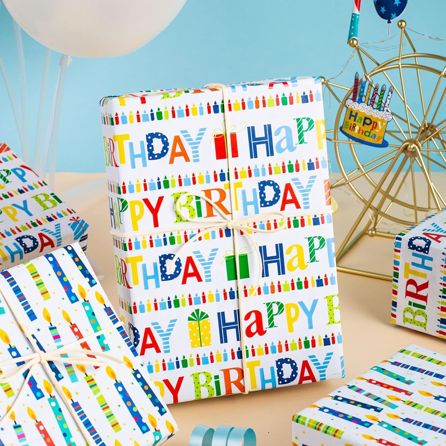 Birthday Wrapping Paper Roll - Colorful Happy Birthday Lettering & Candles, Reversible Design For Baby Shower, Party - Mini Roll - 17 Inch X 33 Feet