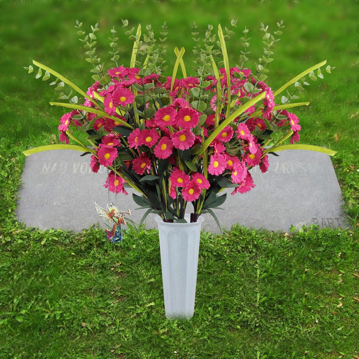 Cemetery Artificial Flowers With Vase Angel Mark - 2 Set Artificial Red Chrysanthemums Grave Memorial Flowers- Prayer & Trumpet Angel Pendant For Headstones Gravesite Decoration