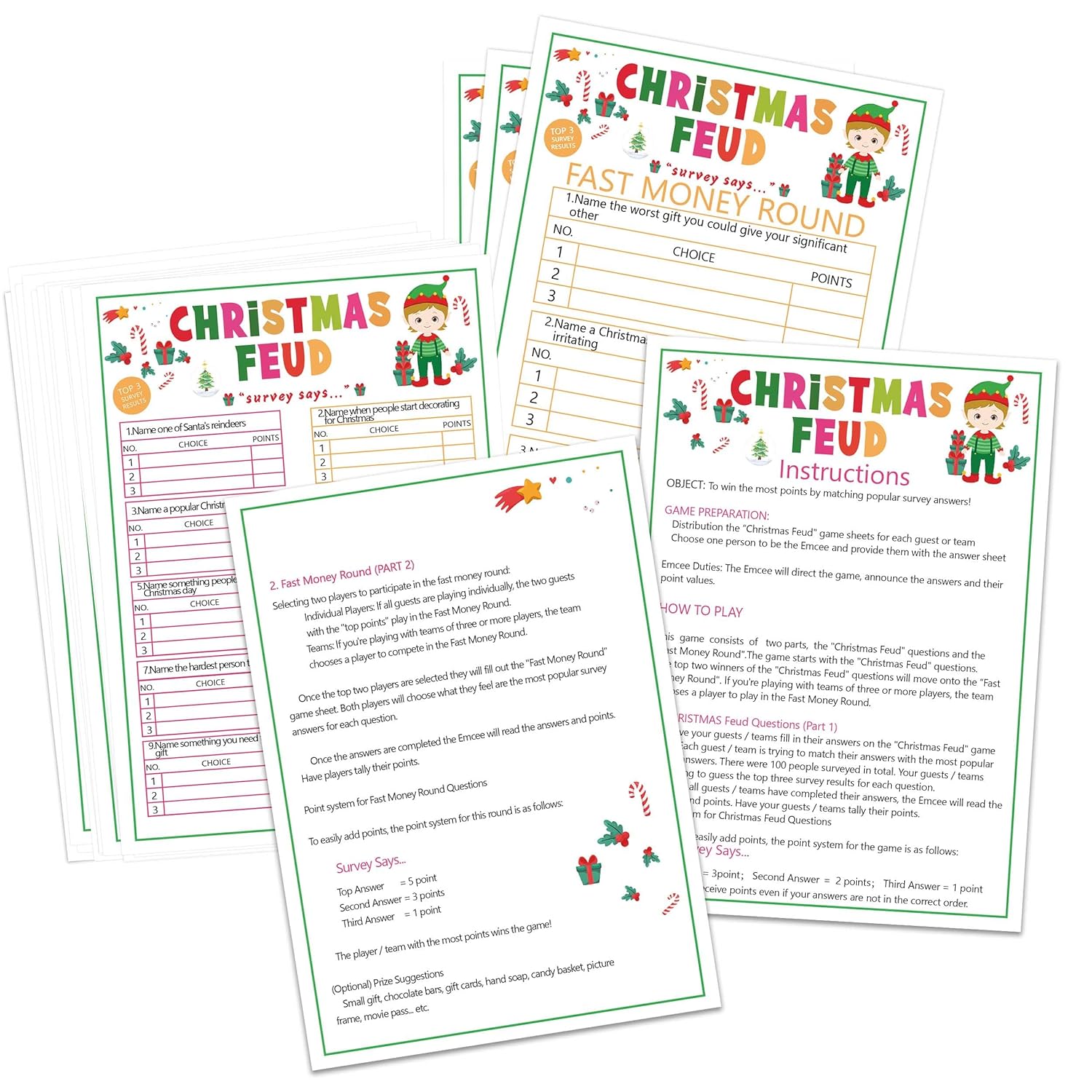 Christmas Friendly Feud Game, Christmas Trivia Quiz, Family Feud Baby Shower Game, Christmas Party Game For Family Activity Favors-30 Christmas Feud Cards & 3 Fast Money Round Cards-06