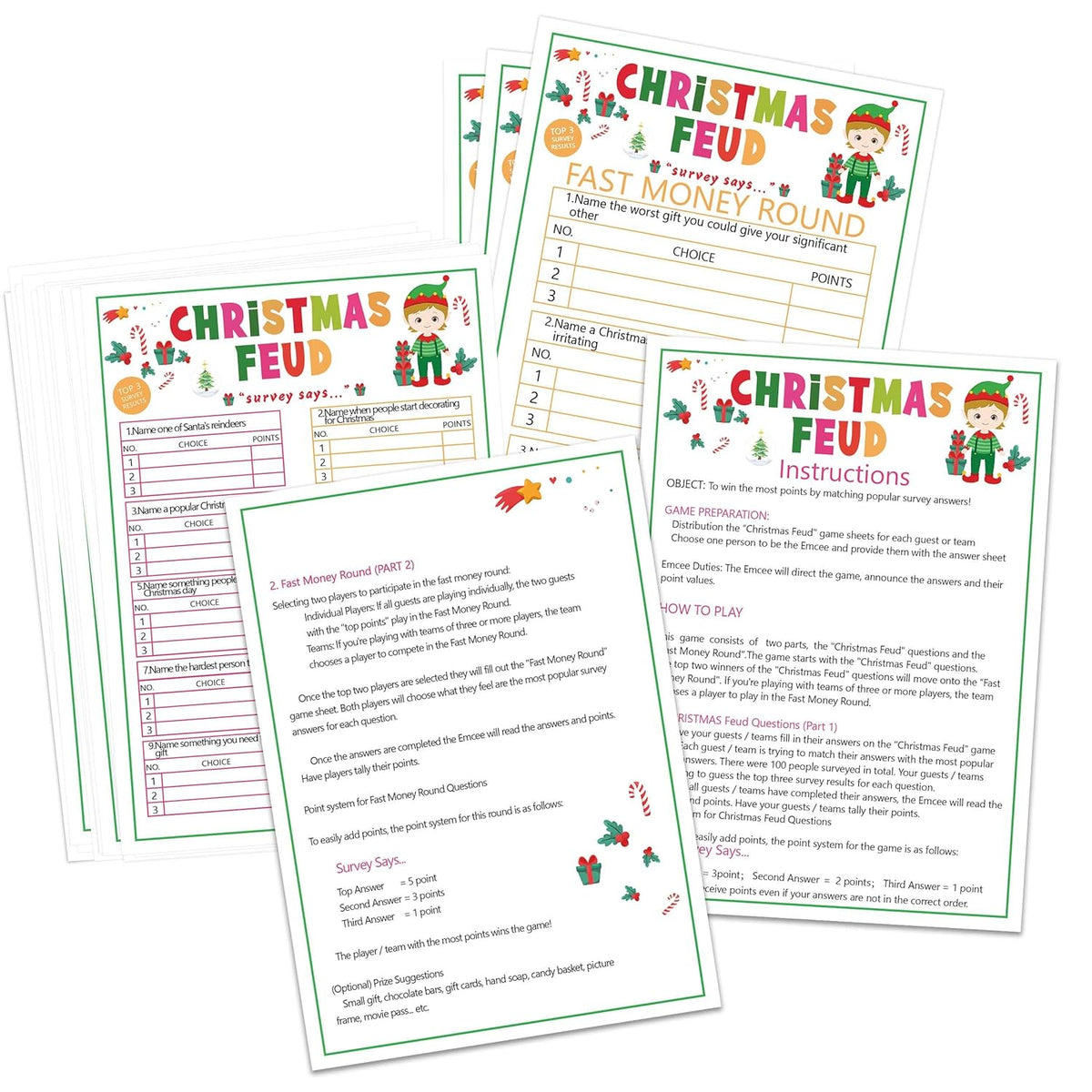Christmas Friendly Feud Game, Christmas Trivia Quiz, Family Feud Baby Shower Game, Christmas Party Game For Family Activity Favors-30 Christmas Feud Cards & 3 Fast Money Round Cards-06