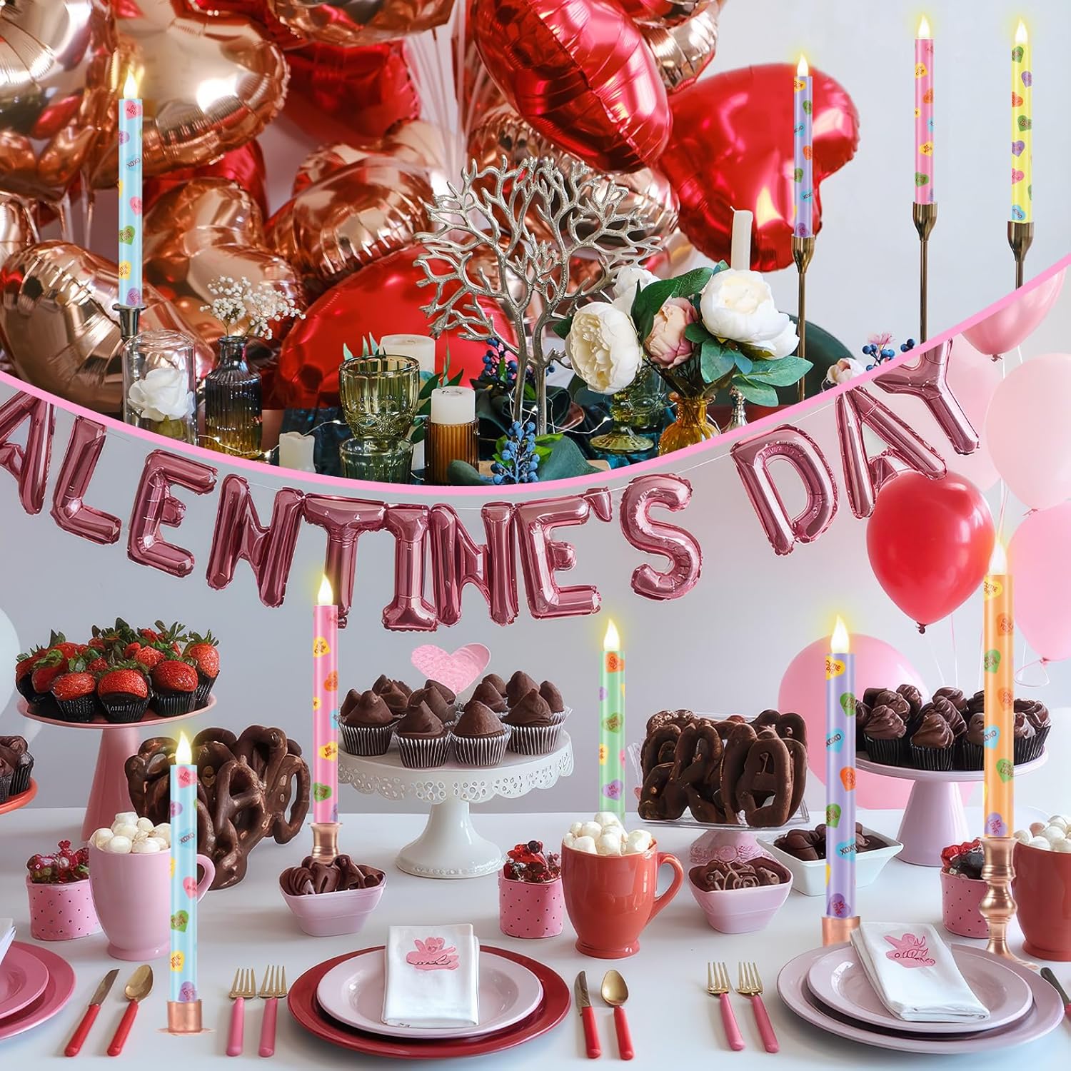 6 Pcs Valentines Day Flameless Taper Candles 8.7 Inch Candy Conversation Heart Battery Operated Led Candlesticks For Valentines Day Home Party Decor Anniversary Wedding Supplies