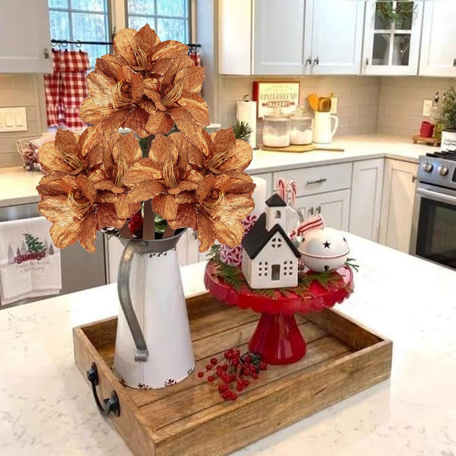 Amaryllis Artificial Christmas Flower Stems, 19.7" Bronze Glitter Faux Amaryllis With Detachable Heads For Xmas Home Party Wedding Bouquet Vase Arrangement Decor