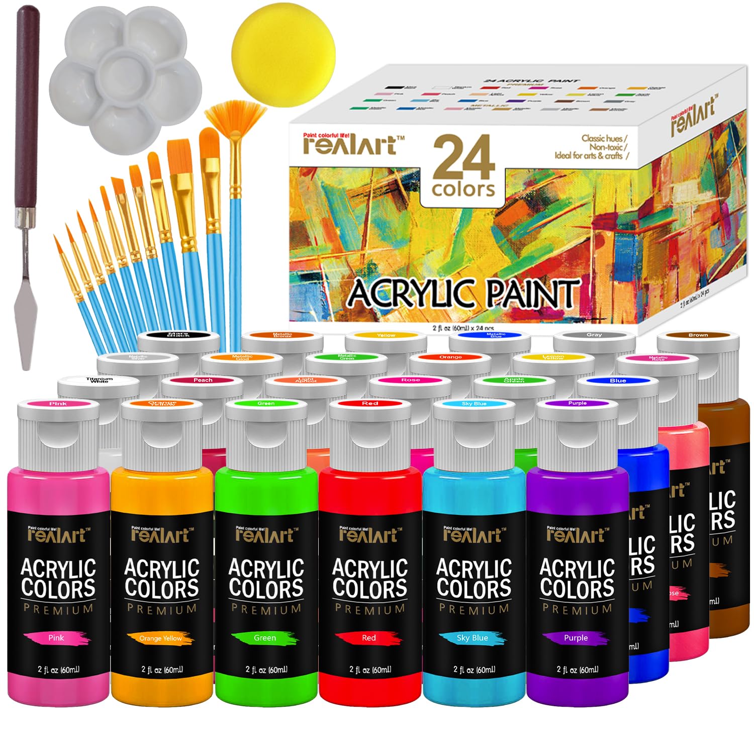 Bulk Acrylic Paint Set 24 Colors (2Oz/Bottle) With 10 Brushes Acrylic Paints For Canvas Painting Craft Paint Set Art Paint