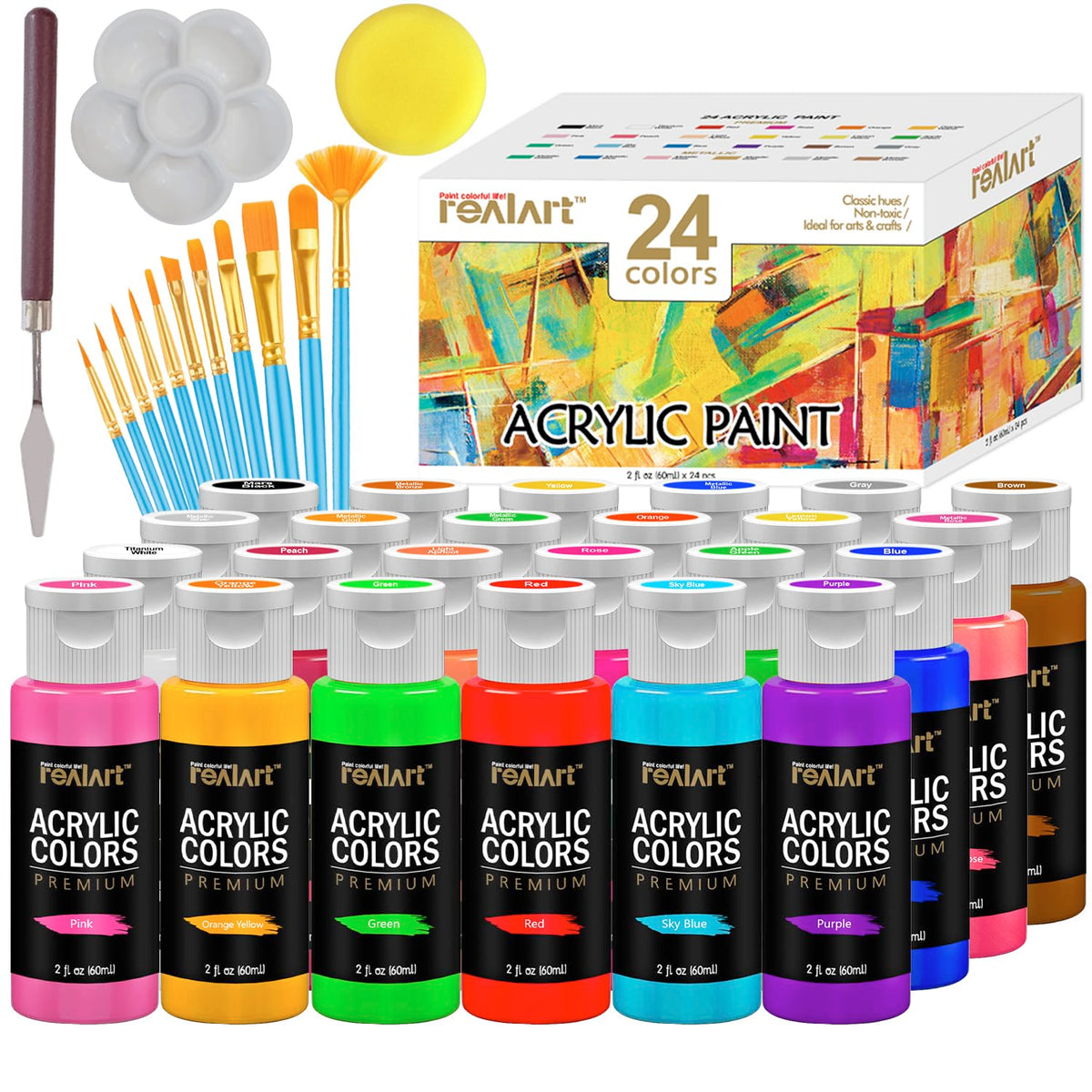 Bulk Acrylic Paint Set 24 Colors (2Oz/Bottle) With 10 Brushes Acrylic Paints For Canvas Painting Craft Paint Set Art Paint