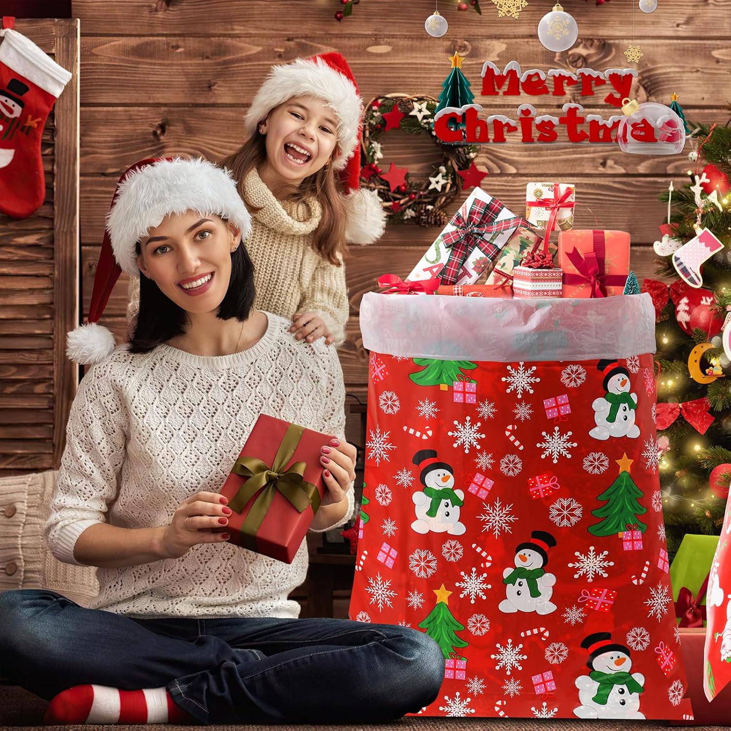 Large Christmas Gift Bags - 3 Pcs Jumbo Christmas Bags 56"X36" - Big Santa Gift Bags For Giant Gifts - Heavy Duty Plastic Xmas Bags For Presents