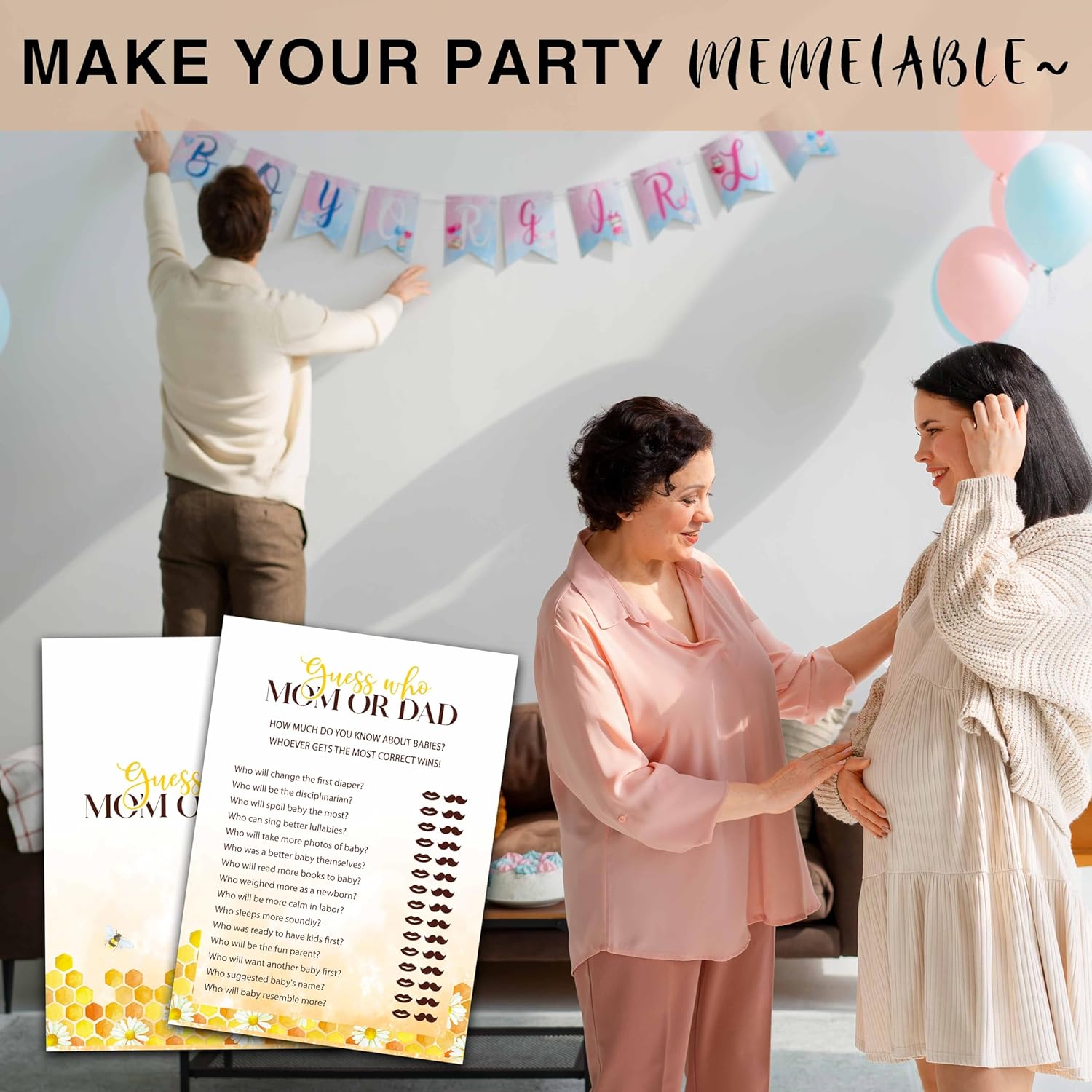 Baby Shower Party Games, Who Mom Or Dad Minimal Baby Shower Game, 25 Honey Bee Gender Reveal Party Games Cards (5" X 7"), Bumble Bee Baby Shower Supplies Decorations -04