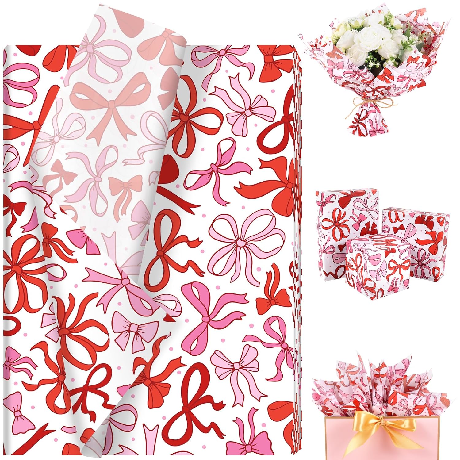 100 Sheet Valentine Coquette Bows Tissue Paper, Red Pink Bow Heart Gift Wrapping Paper For Valentine'S Day Party Supplies, 13.8 X 19.7 Inch