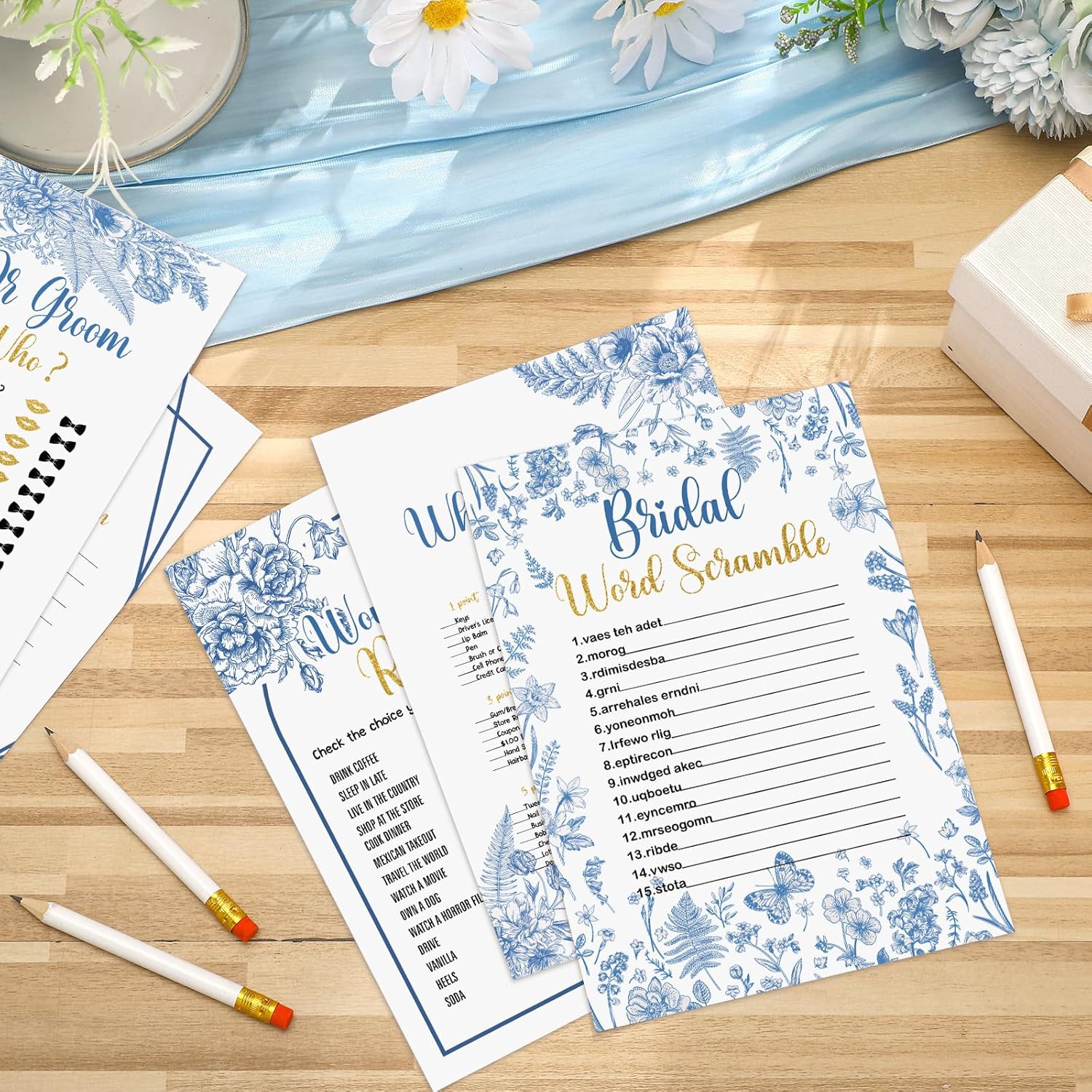 145 Pieces Bridal Shower Game Bridal Shower Favors Set Wedding Games Cards And Pencils For Bride Groom Bachelorette Party Wedding Party Favor (Blue Floral Style)