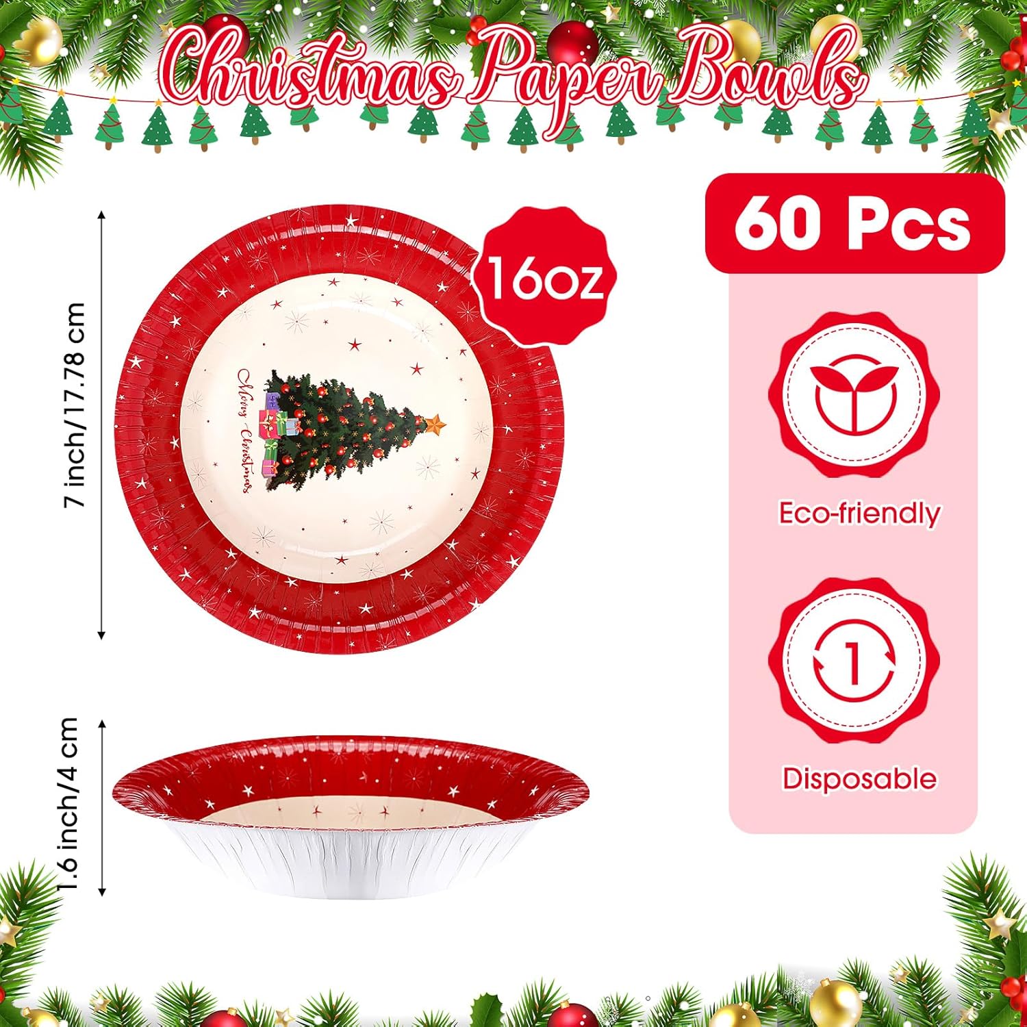 60 Pcs 16 Oz Christmas Paper Bowls Bulk 7 Inch Disposable Christmas Tree Serving Bowls For Hot And Cold Soup Ice Cream Salad Snack Holiday Winter Birthday Party Catering Events