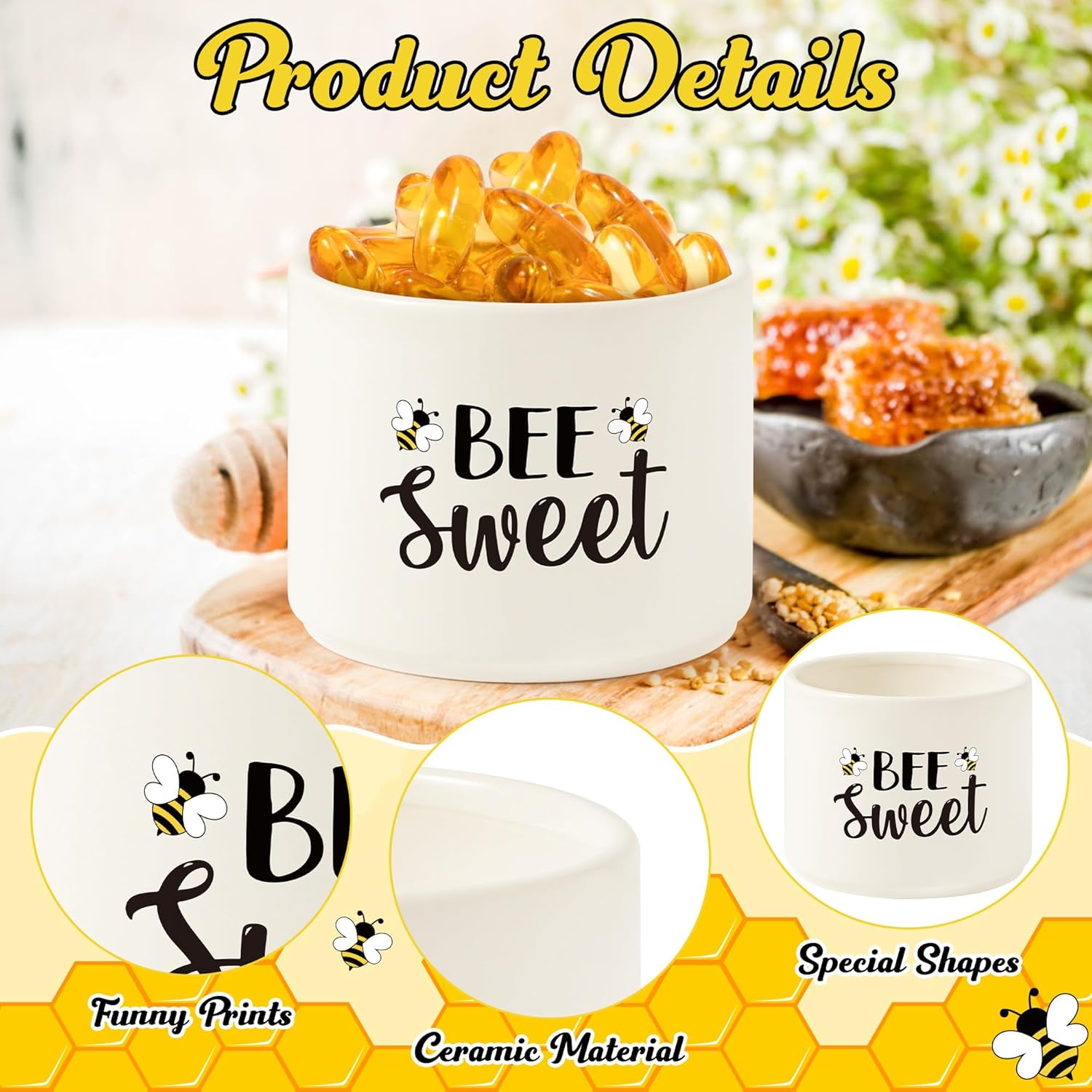 Summer Bee Sweet Candy Dish Cauldron,Summer Mini Ceramic Candy Bowl Tiered Tray Decor, Snack Serving Bowl Party Favor Desktop Decoration For Home Kitchen Events(Bee Sweet)