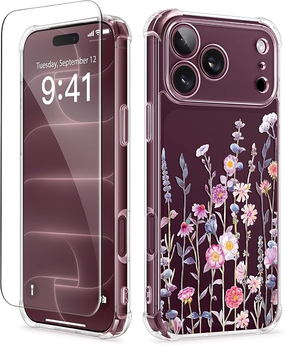 Floral Clear Slim Case for iPhone 18 Pro and iPhone 17 Pro Protective Women Phone Cover
