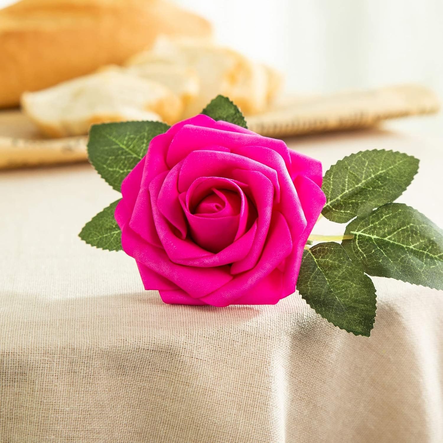 Artificial Flower Foam Rose 25Pcs Real Looking Fake Rose With Stems Leaves For Home Decoration Party Garden Centerpieces Diy Wedding Bouquets?Hot Pink?