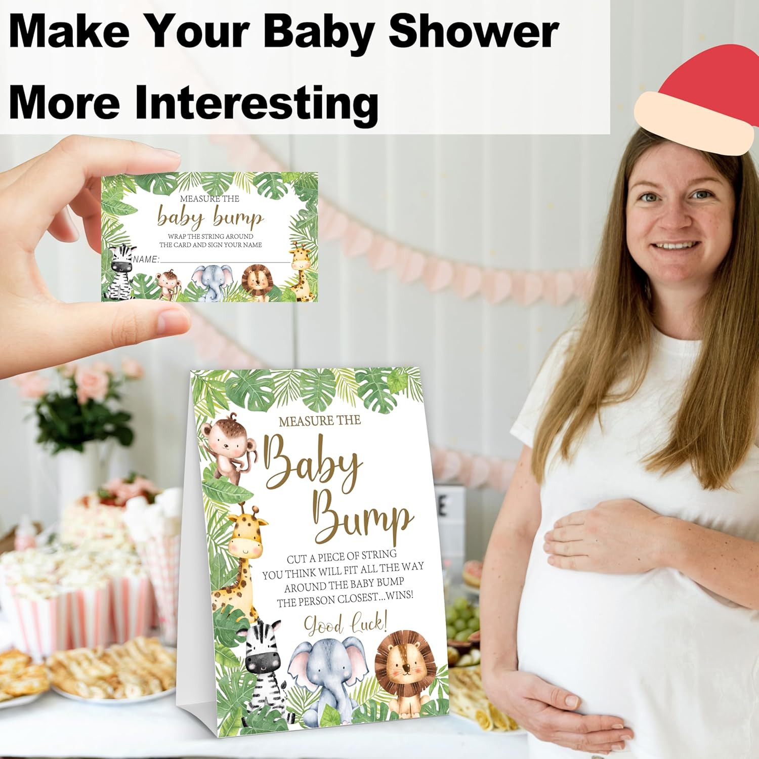 How Big Is Mommys Belly Game, Measure The Baby Bump, Safari Jungle Animals Baby Shower Party Game & Decorations, 1 Sign & 50 Guess Cards