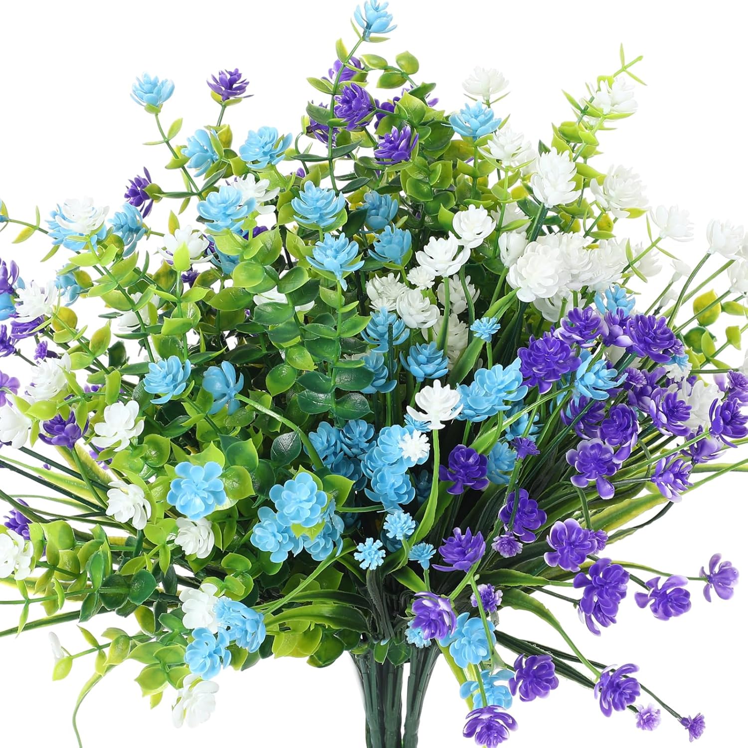 12 Bundles Artificial Flowers Outdoor, Uv Resistant Faux Artificial Plants Shrubs Plastic Flower Bulk For Hanging Planter Porch Window Home Spring Summer Decor(Blue, Purple, White)