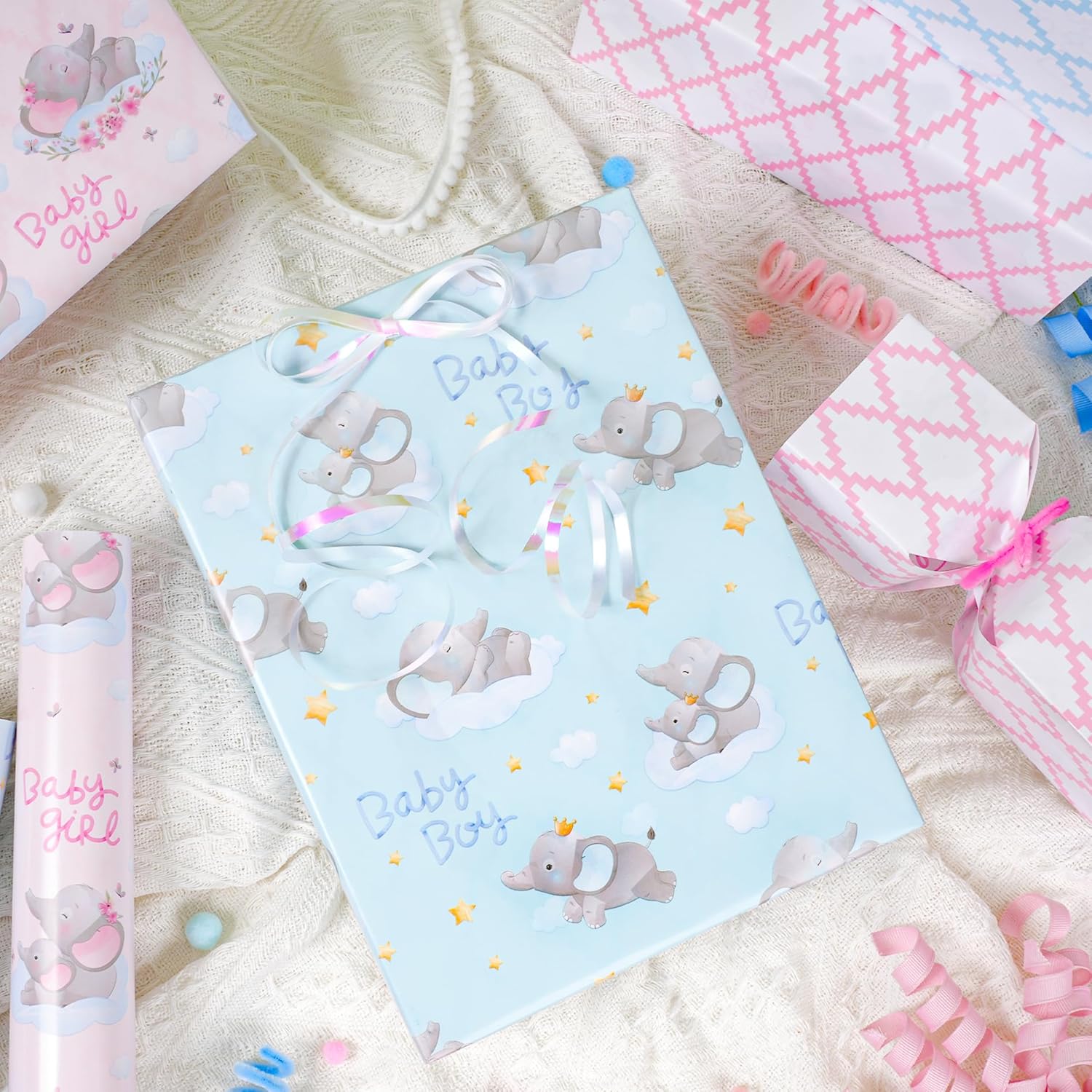 Reversible Baby Boy Wrapping Paper, 17 Inch X 33 Feet, Blue Elephant & Blue Quilted Diamond Design For Baby Shower, Birthday, Party, Holiday