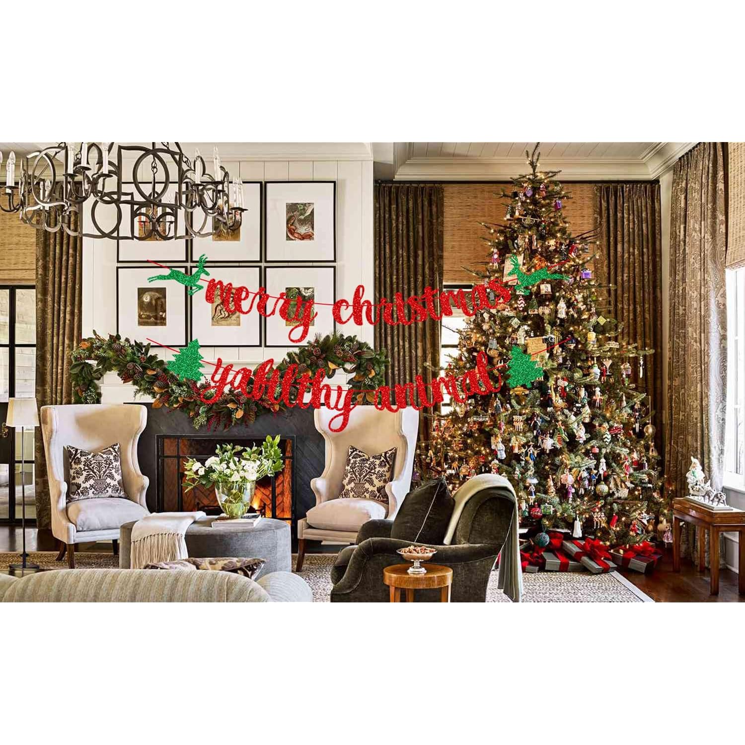 Red Glittery Merry Christmas Banner, Merry Christmas Ya Filthy Animal Banner, Christmas Party Holiday, Ugly Sweater Christmas Party Decorations, Christmas Dinner, Mantle Home Decor,Xmas Sign Decor