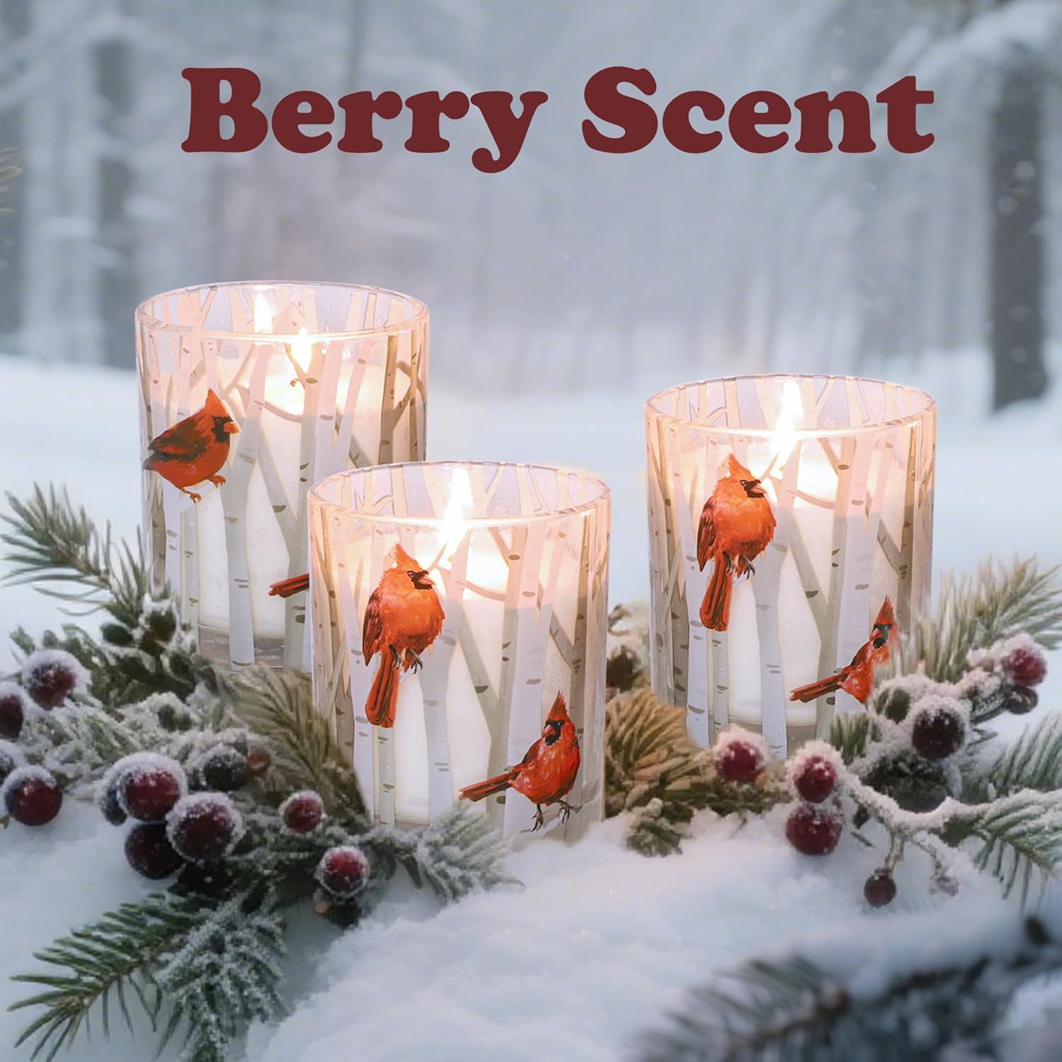 Christmas Scented Candles, 6.5Oz Soy Wax Candle With Cardinal Decals - Berry Aromatherapy Candle - Long Lasting Burn Time, Christmas Gifts For Women, Set Of 3