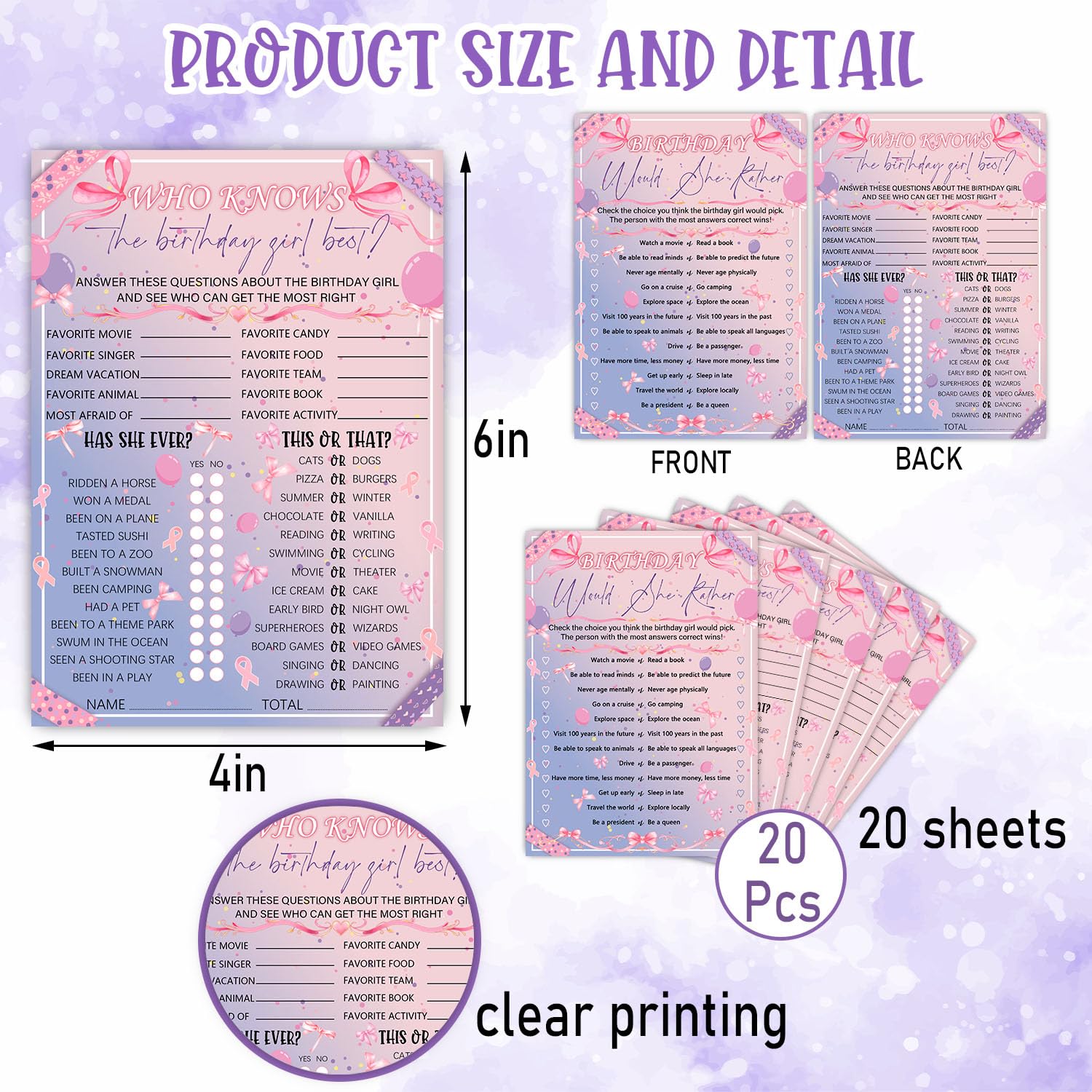 Who Knows The Birthday Best - Pink Purple Party Games Card Set - Sleepover Slumber Party Supplies - Birthday Night Games Creative Idea - 20 Game Cards