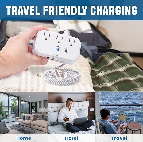 Cruise Approved Travel Power Strip 3 Outlets 4 USB Ports 2 USB C 3.3FT Extension Cord White