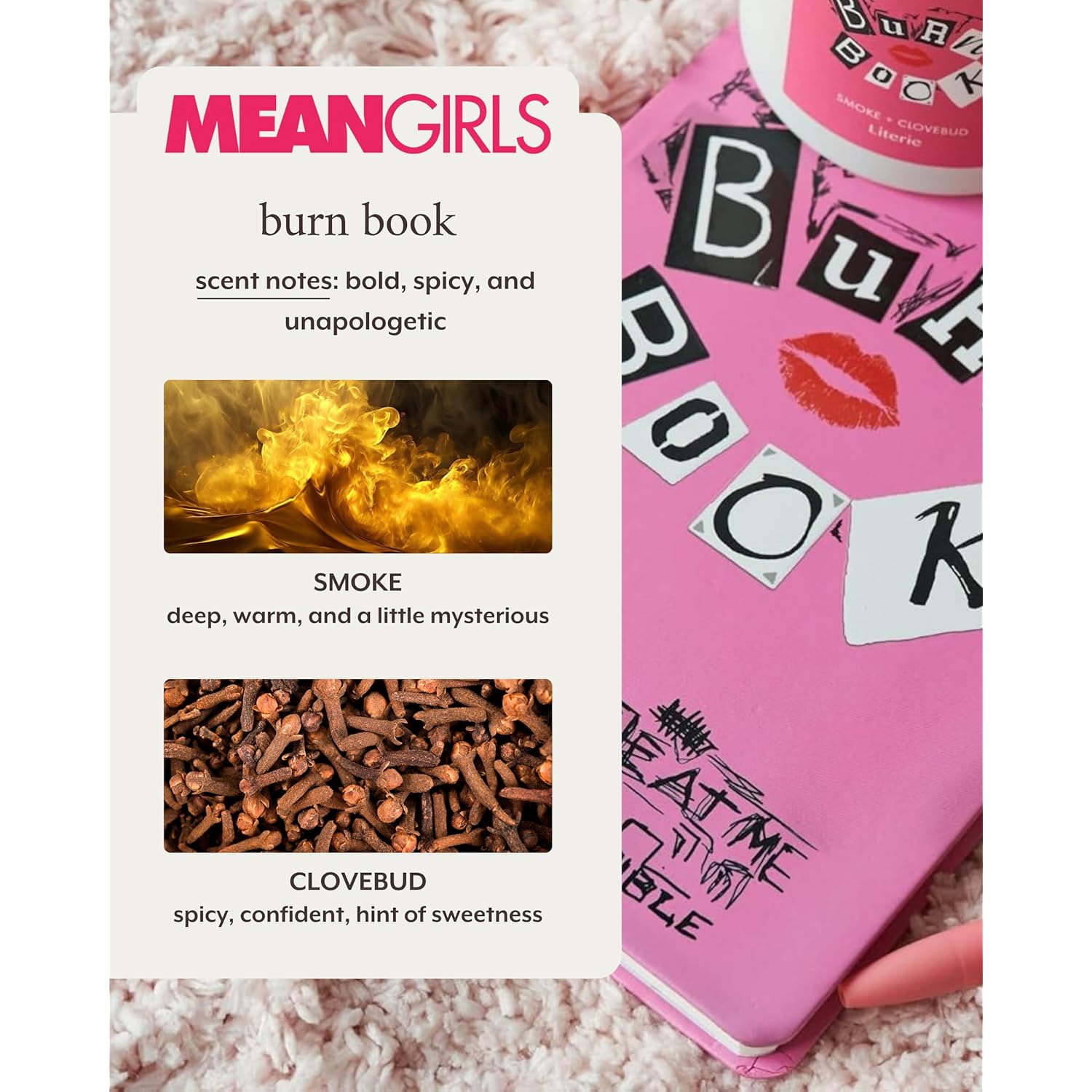 Mean Girls Inspired Scented Candle: Burn Book - Smoke + Clovebud Scented, 9Oz, 50 Hour Burn, Vegan Soy & Coconut Blend Candle For Home Decor, Gift For Women & Men