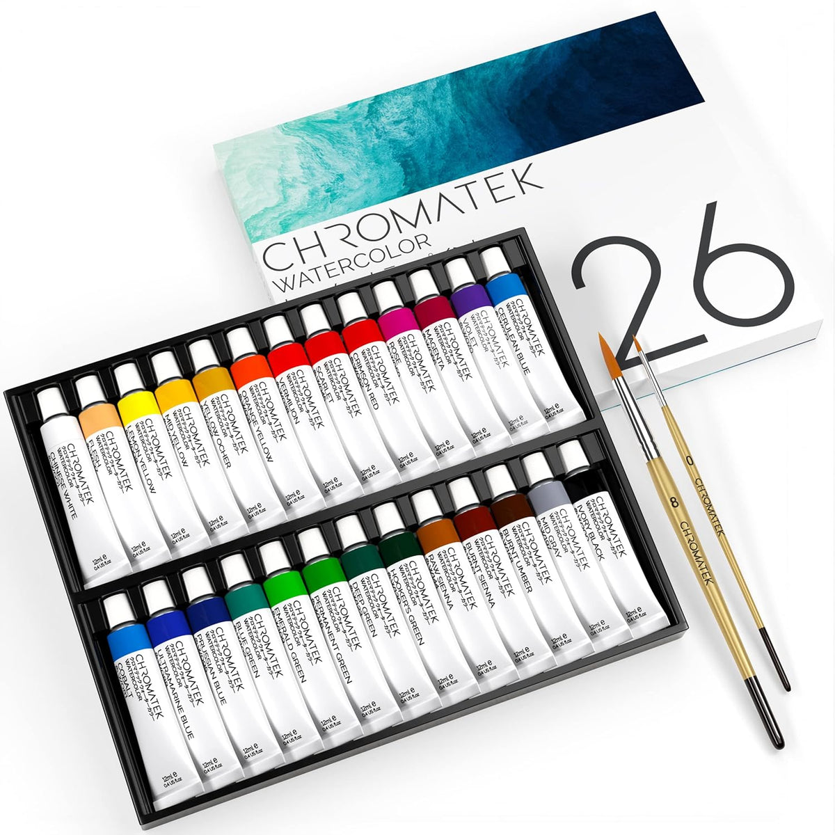 Watercolor Paint Set - 28 Piece Kit For Adults, Beginners & Professional Artists - 26 X 12Ml Liquid Water Color Tubes & 2 Painting Brushes - Richly Pigmented Vibrant Colors - Art Supplies