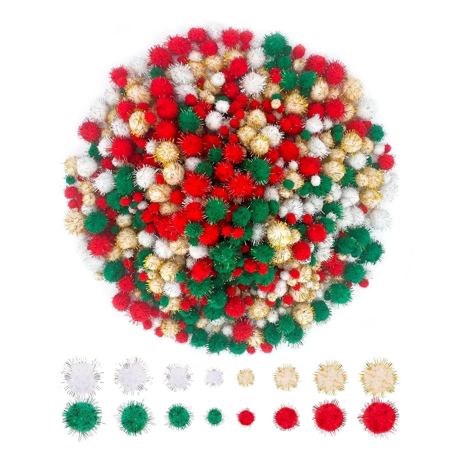 1200 Pieces Christmas Pom Pom Tinsel Glitter Pom Pom Balls For Crafts And Decorations(4 Sizes, Gold, White, Red, Green)