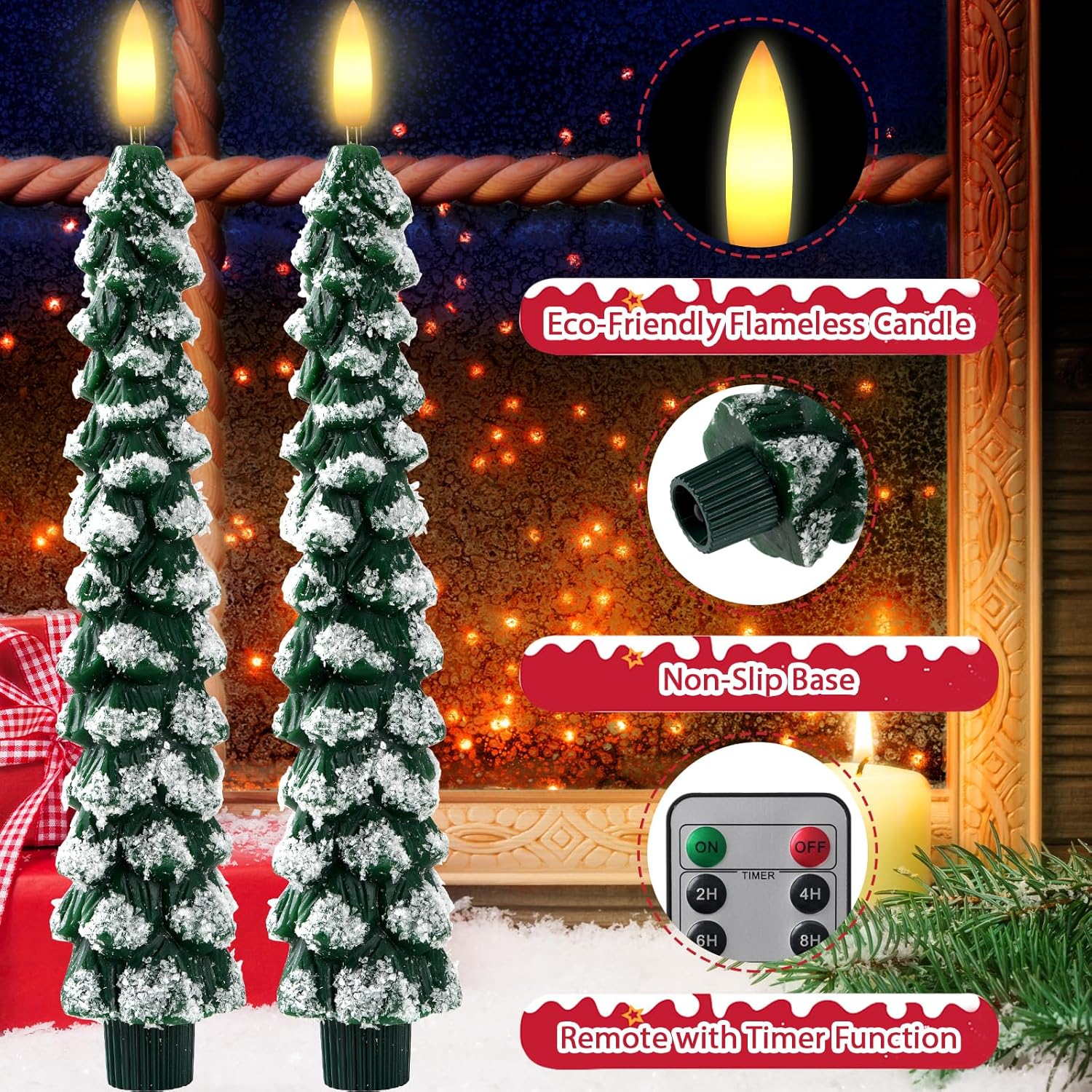 Flameless Christmas Tree Candles With Remote – 2 Pack Led Snowy Tree Battery Operated Candles, Realistic Flickering Flame, Safe Holiday Home Decor For Christmas Decorations & Gifts