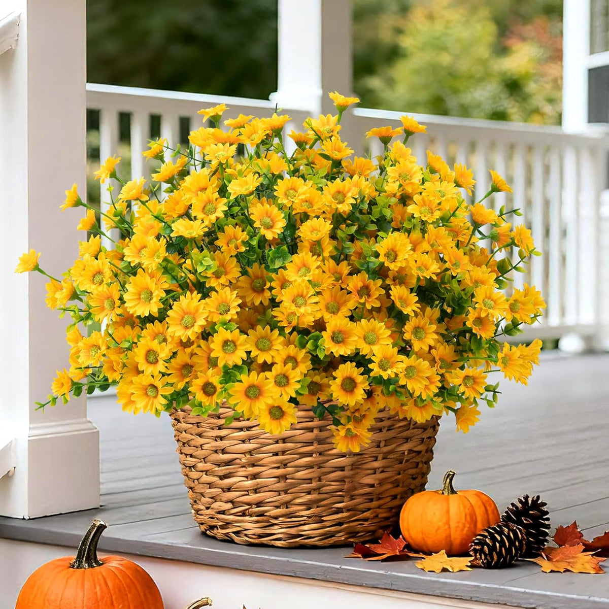 Artificial Mums Fall Fake Flowers For Outdoors, 10 Bundles Faux Mums Autumn Decorations,Uv Resistant Silk Flowers Plastic Plants For Outside Front Porch Garden Patio Home Planters Decor (Yellow)