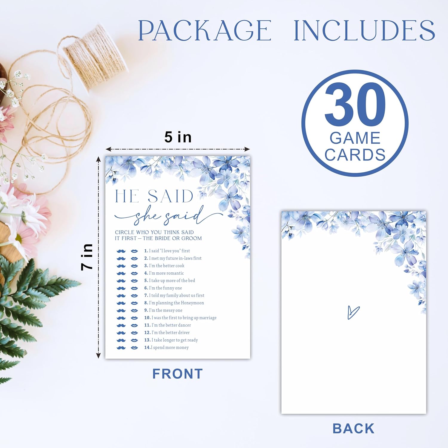 He Said She Said Bridal Shower Game - Blue Floral - 30 Pcs Double-Sided Fill-In Wedding Game Cards For Newlyweds, Engagement Party Activities & Decorations -A02
