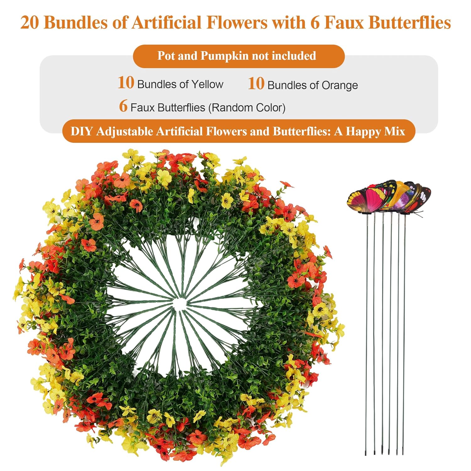 20 Bundles Artificial Flowers For Outdoors? With 6 Faux Butterflies, Uv Resistant And No Fade, ?Fake Flowers For Garden Patio Porch Home Decor (Orange Yellow)