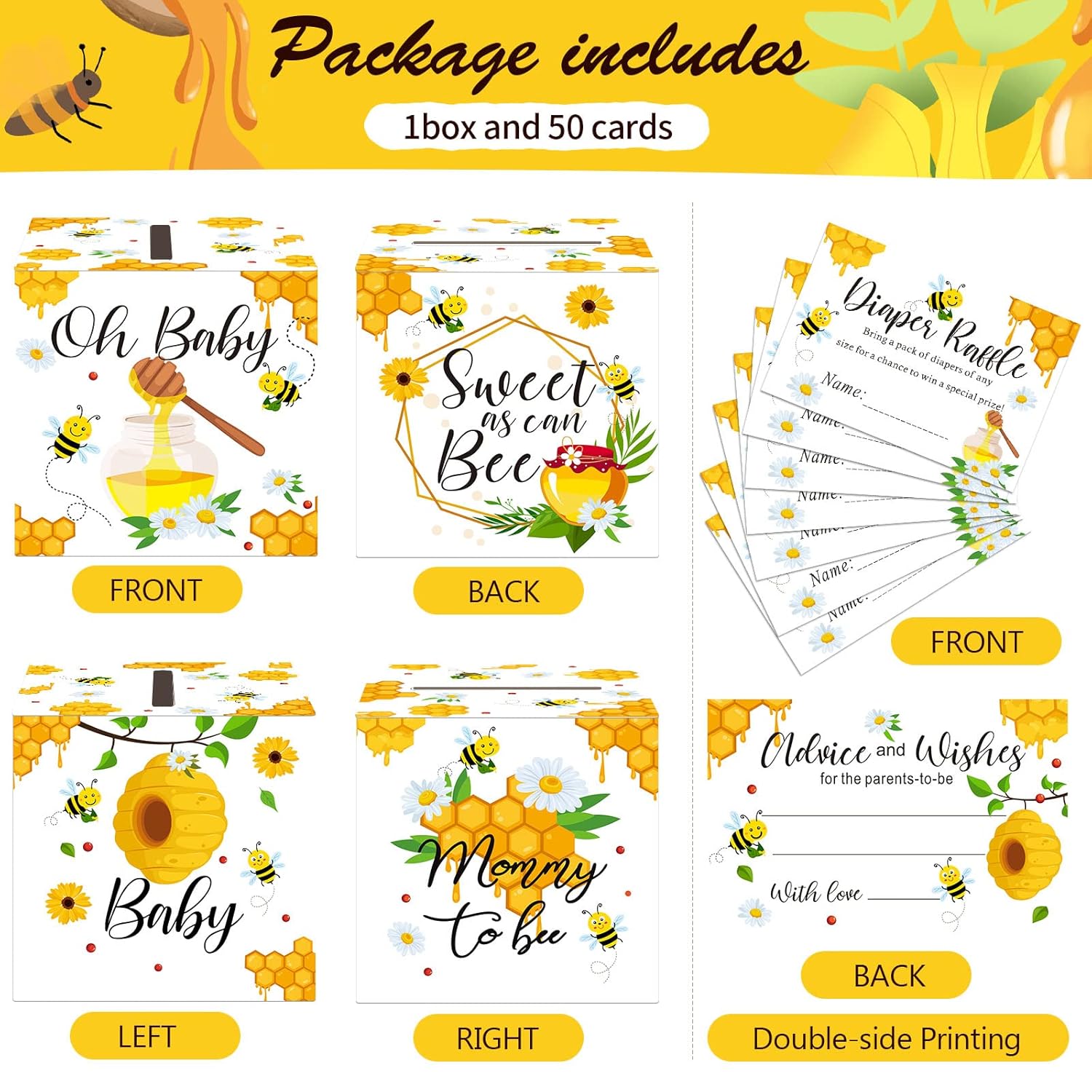 51 Pcs Bee Diaper Raffle Card Box Set Baby Shower Holder Box With 50 Pcs Bee Baby Shower Advice Card For Baby Shower Game Gender Reveal Party Decoration Mommy To Bee Dady To Bee Party Suppires