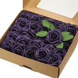uxcell 50Pcs Fake Roses with Stems, 3.15 Inch Foam Roses Artificial Flowers for DIY Craft Wedding Bouquets and Party Decoration(Dark Purple)