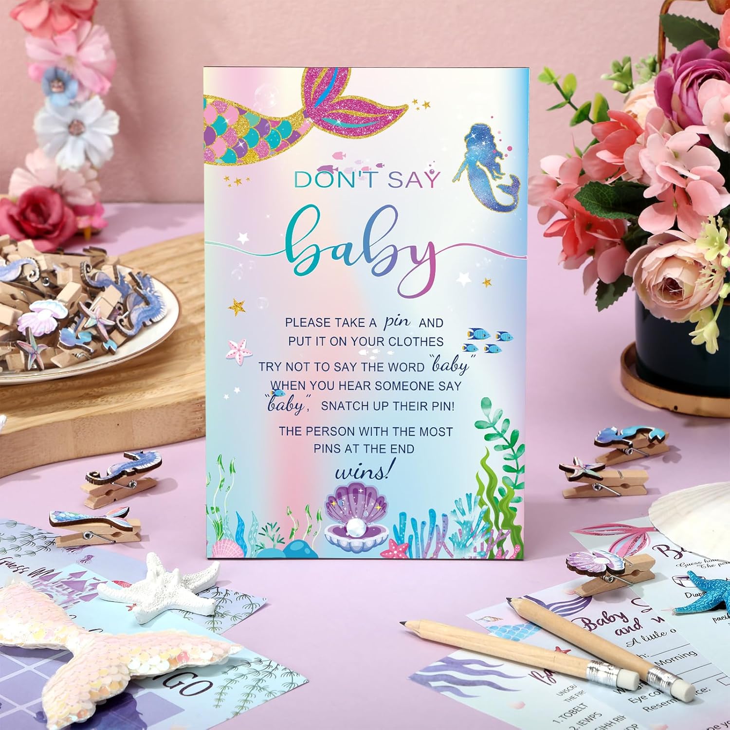 321 Pcs Mermaid Baby Shower Game Supplies For Girl 5 Set Include 50 Activity Cards 20 Pencils 1 Don'T Say Baby Sign 50 Clothespins For Price Is Right Prediction Bingo Game Party Decor