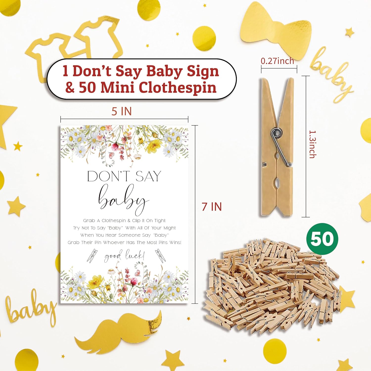Don'T Say Baby Game For Baby Shower, 50 Wooden Clothespins And One Sign, Wildflowers Theme, Baby In Bloom Decorations, Gender Reveal Games, Baby Shower Supplies-Bb36