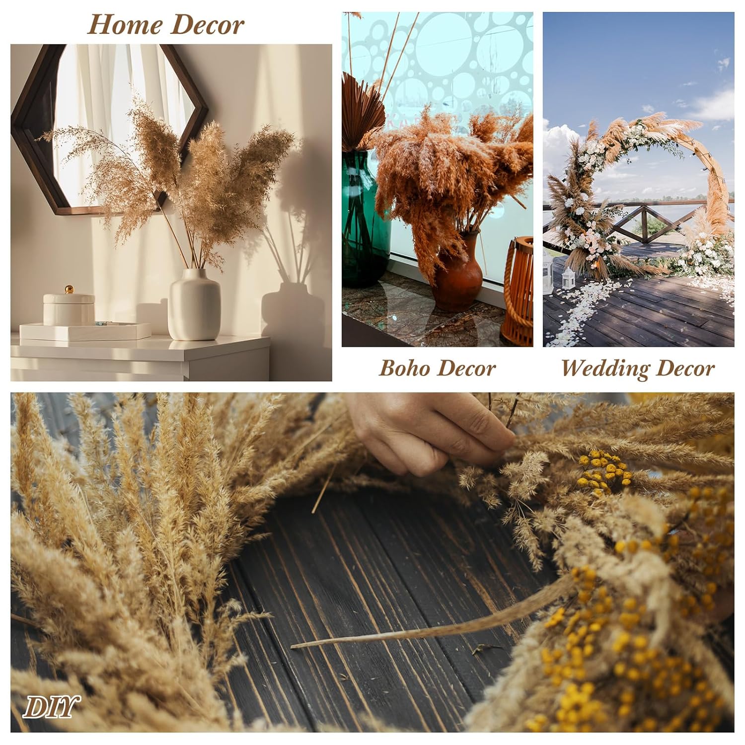 100 Pcs Dried Pampas Grass Decor 17 Inch Bulk Natural Small Pompous Wild Fluffy Pompas Floral Boho Decor Flowers For Wedding Party Farmhouse Home Decor Bathroom Office Kitchen (White, Brown)