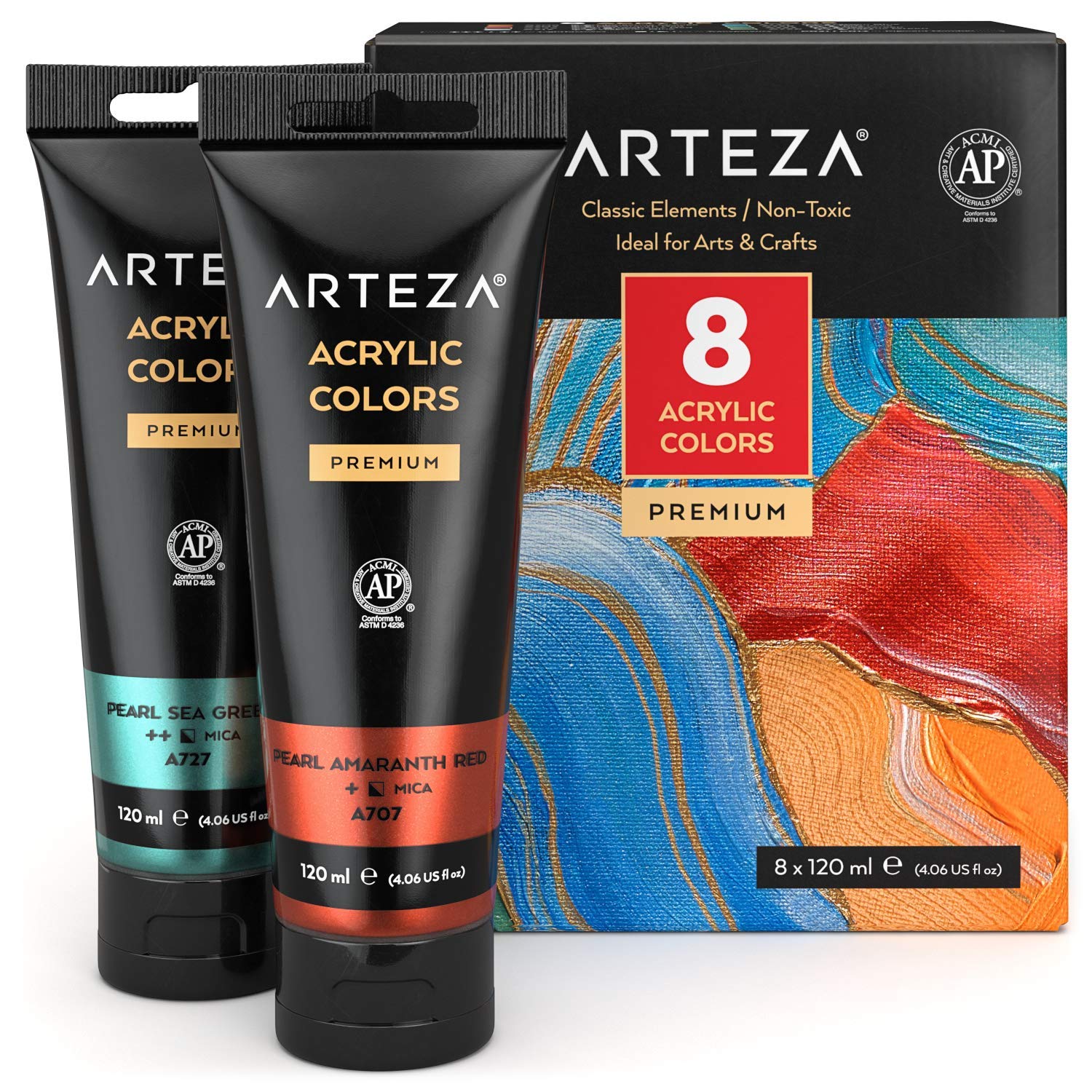 Metallic Acrylic Paint, Set Of 8 Classic Elements Colors 4.06Oz Tubes, Rich Pigments, Non Fading, Paints For Artists & Hobby Painters, Art Supplies For Canvas Painting & Crafts