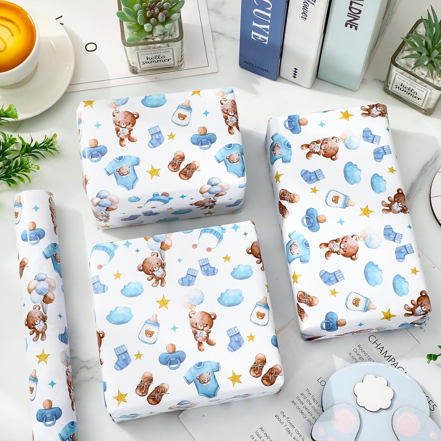 Baby Shower Wrapping Paper -Mini Roll- 17 Inch X 32.8Ft Watercolor Blue Brown Balloon Bear Clothesline Gift Wrap Paper For Baby Birthday Gender Reveal Diy Crafts
