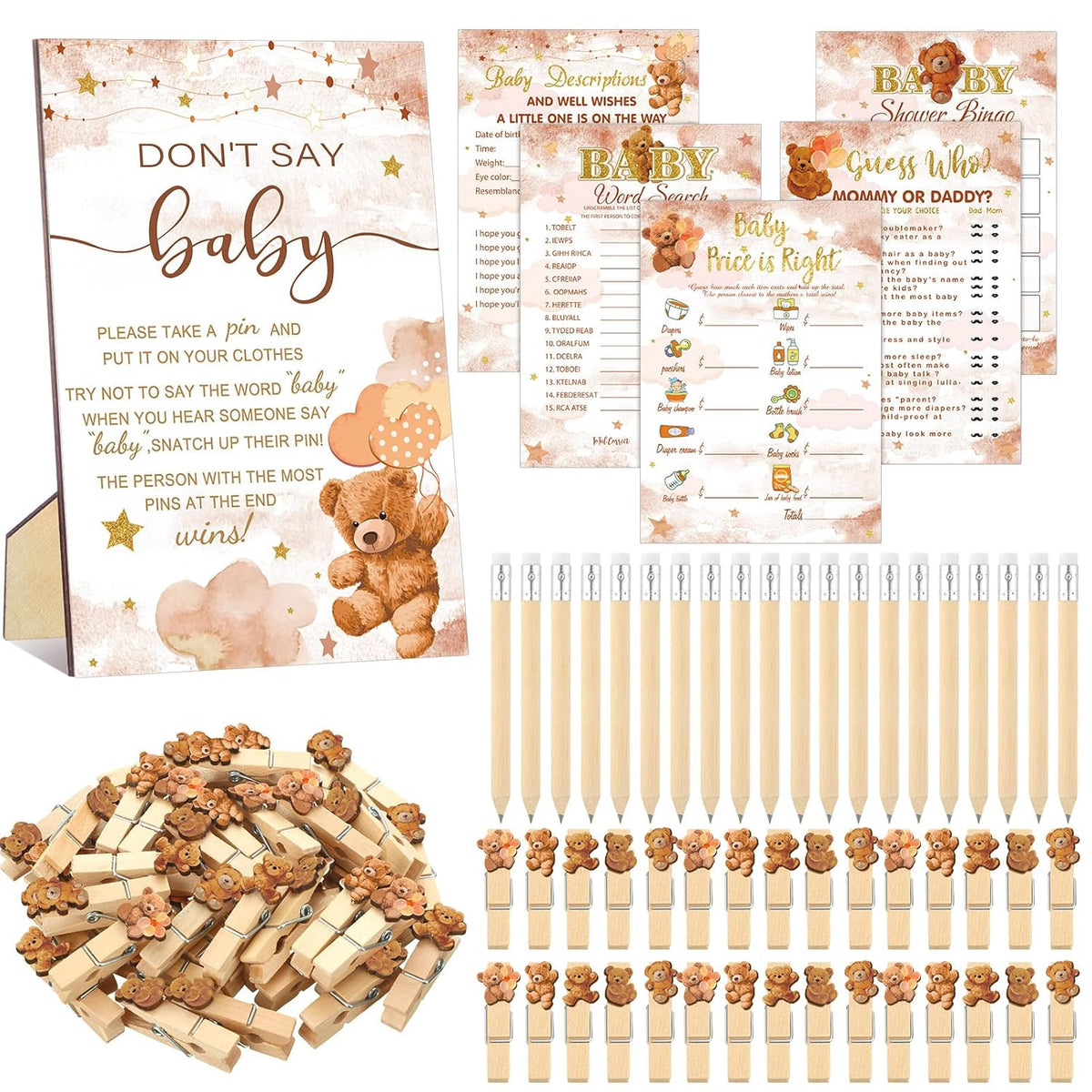 321 Pcs Brown Bear Baby Shower Games Decoration Set 5 Games Include Baby Shower Bingo Word Search Description The Price Guess Who For Gender Reveal Game Decoration Gift Sets Party Decor